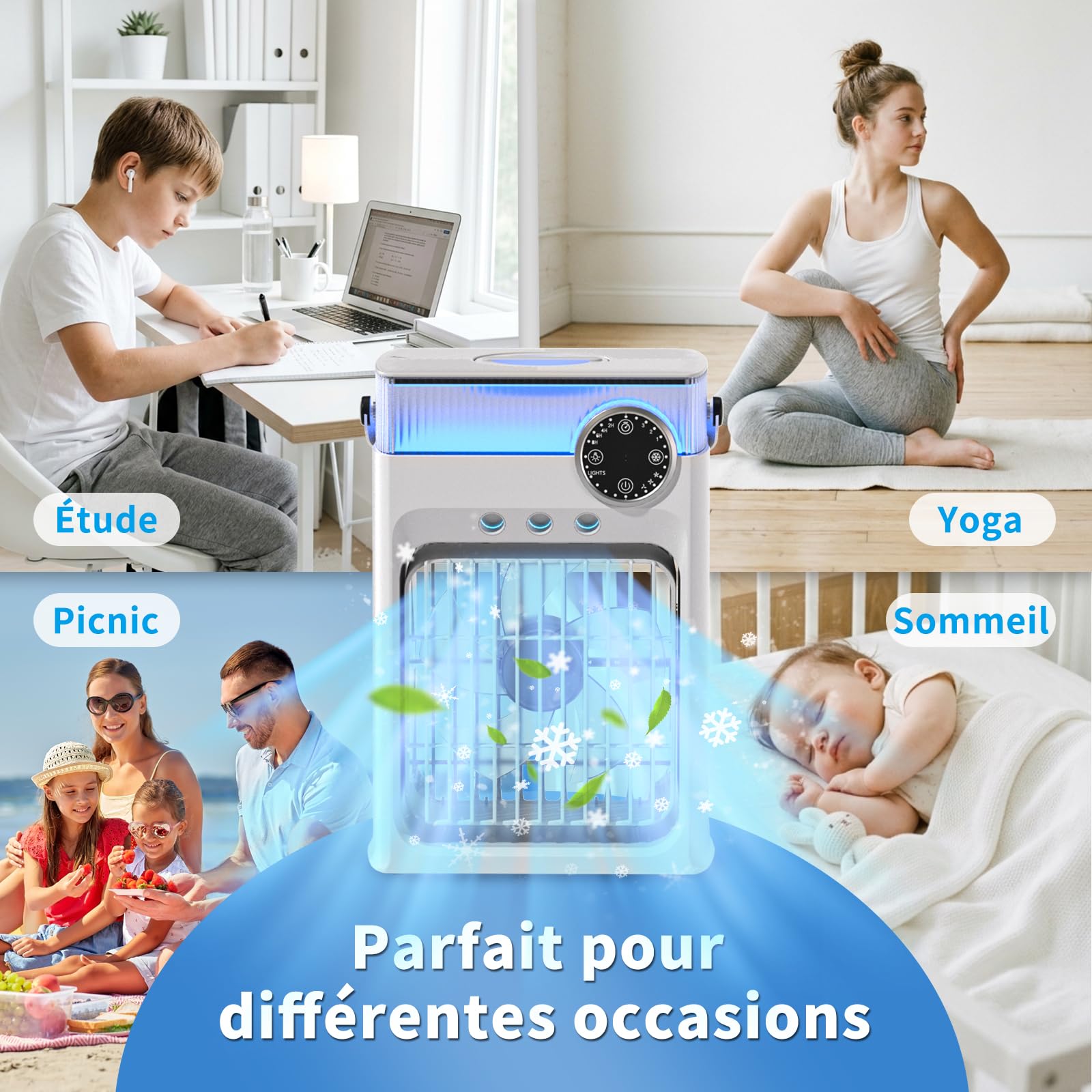 YFFU Climatiseur Mobile avec Télécommandé,1200ml Rafraîchisseur d’Air RGB 8 Couleurs,3 Vitesses,3 Modes de Brume, Minuterie 2-8h, Mini Clim Portative pour Pièce et Extérieur,Nuage Blanc