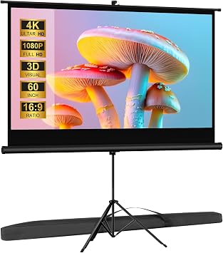 Outdoor Projector Screen with Stand Tripod, Indoor Pull Up Portable Projector Screen, 60 INCH 169 Adjustable Projection Screen with Carry Bag for Home Theater Backyard Party Movie Nights