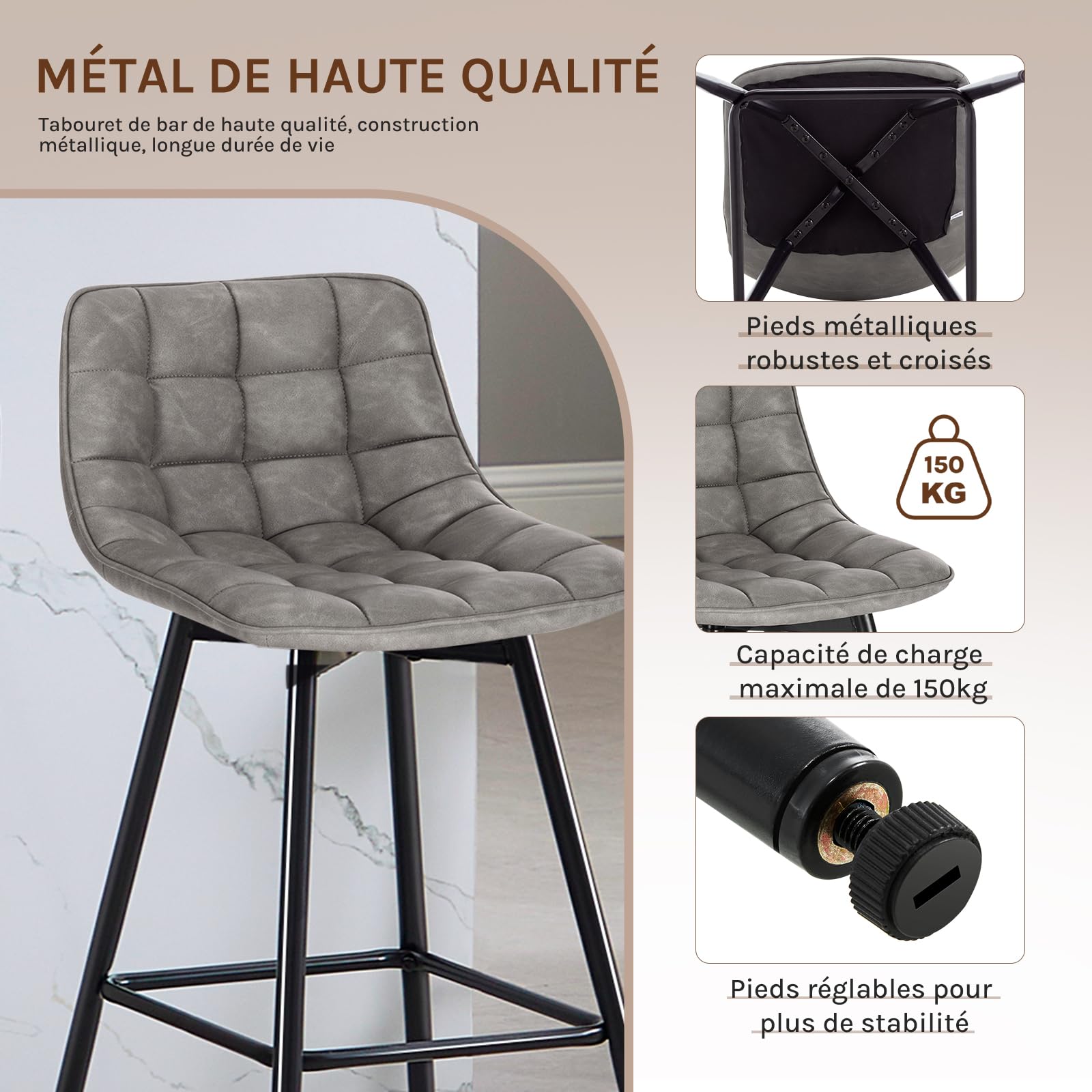 WOLTU Lot de 2 Tabouret de Bar Design Chaise Haute pour Bar Bistro siège en Similicuir avec Repose-Pieds Cadre en métal,Gris Foncé