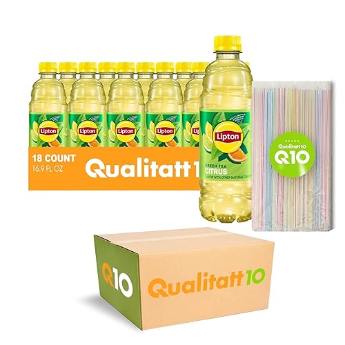 Lipton QUALITATT 10 - Paquete de 24 botellas de plástico de té helado de cítricos de 16.9 onzas líquidas + 80 popotes de plástico de plástico