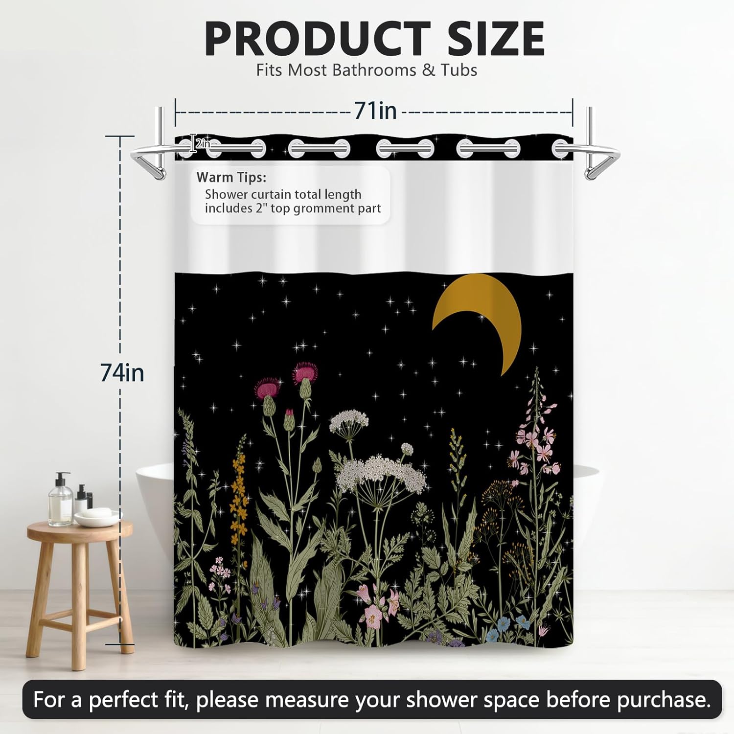 Vintage Black Shower Curtain with Waterproof Snap in Liner, Starry Night Forest Shower Curtain with Sheer Top Window, Aesthetic Retro Botanical Decorative Shower Curtains for Bathroom, 71x74 Inches