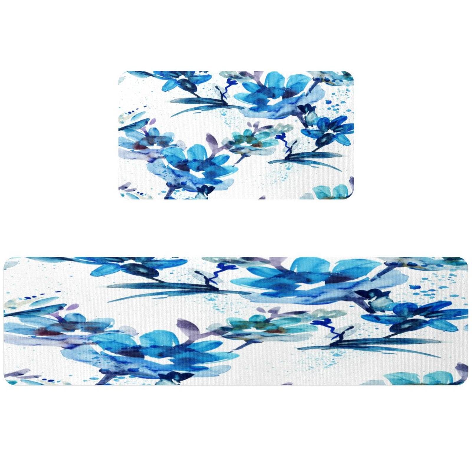 Tapis de cuisine antidérapants et lavables en lot de 2 avec motif fleurs aquarelles bleues