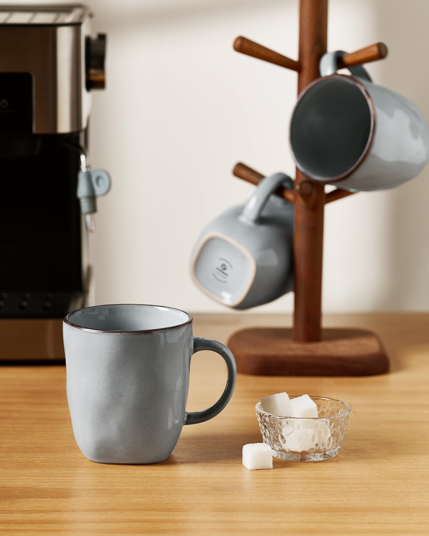 famiware Lot de 4 tasses à café carrées de 370 ml avec poignée pour cacao, lait, chocolat chaud, thé, eau, grès pour cuisine, micro-ondes et lave-vaisselle, gris