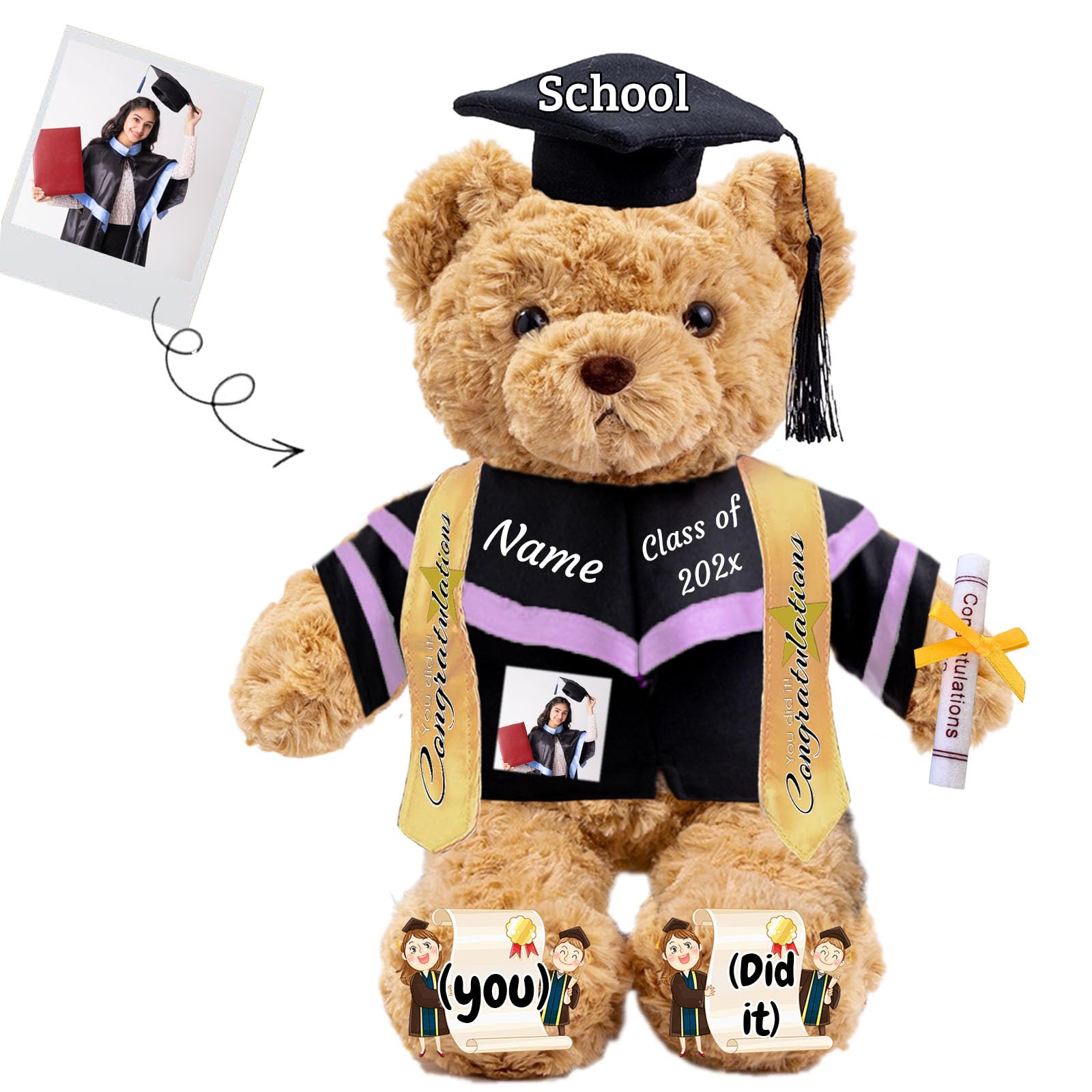 JABECODIFA Graduation Gifts 2025 Teddy Bear with Text+Photo, Personalized Bear Plush Toys as Graduation Gifts for Her Him as High School College