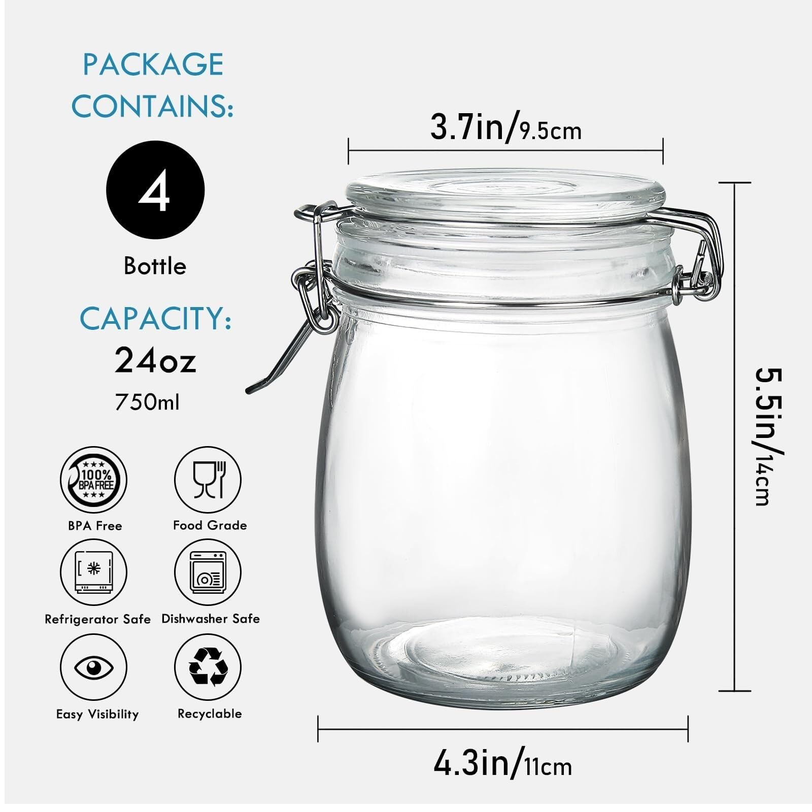Barattoli Cucina Barattoli di Vetro con Coperchio Ermetico E Morsetto, Contenitore Rotondo Riutilizzabile Barattolo per Alimenti