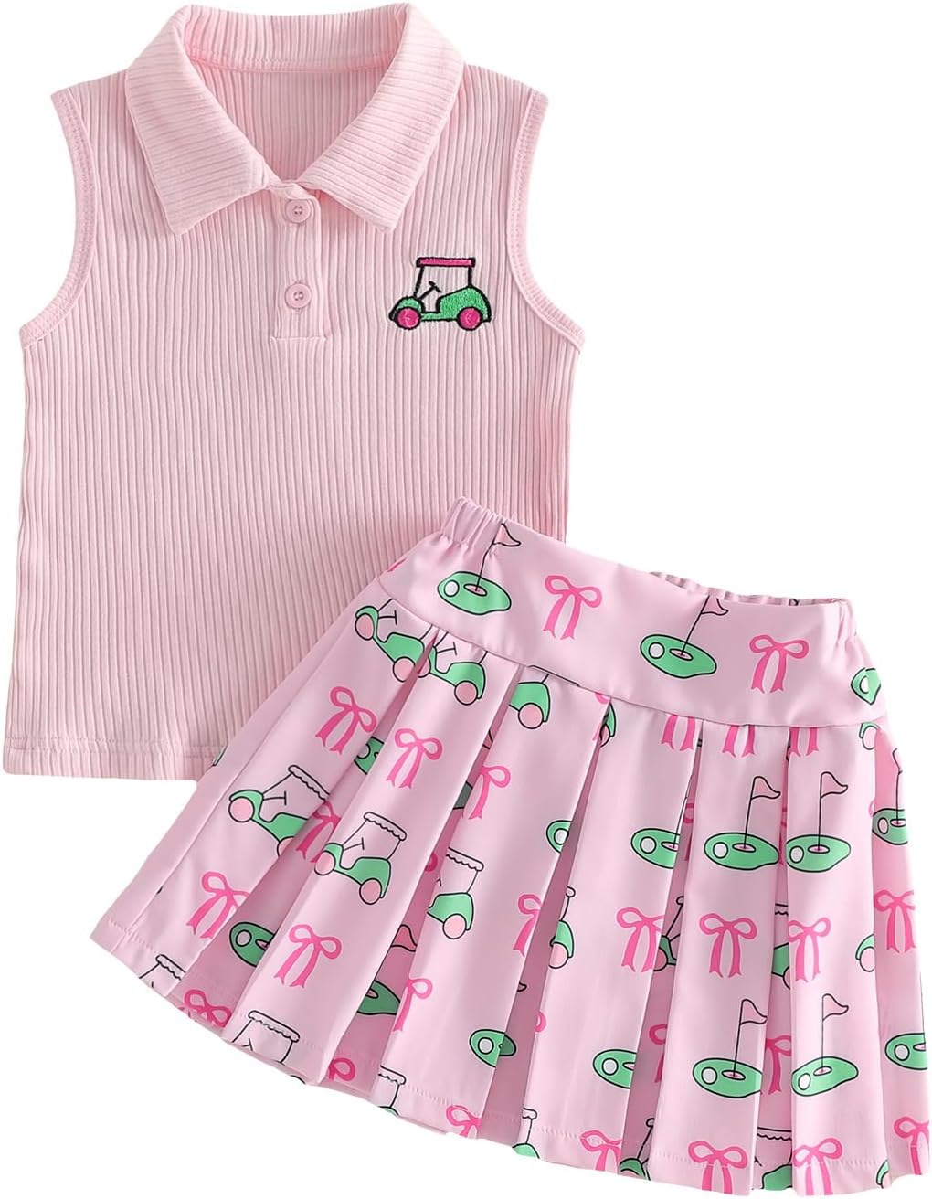 Kavousa Toddler Girls Golf Outfit Golf Cart Print Ribbed Sleeveless Tank Tops+Pleated Skirt Cute Little Girl Summer Clothes