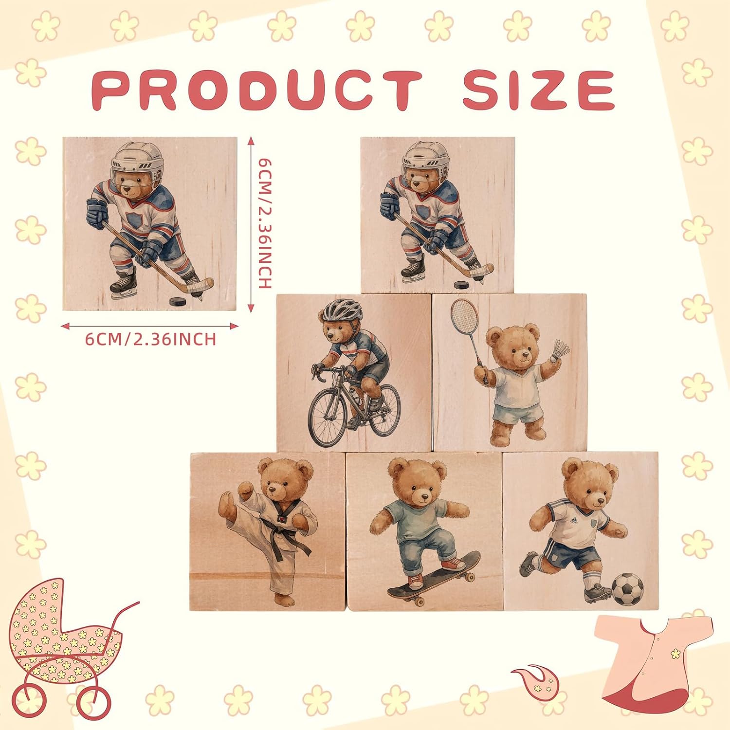 6 Pcs Woodland Animal Nursery Decor for Girls and Boys, 2.36 in Large Inspirational Wooden Safari Baby Shower Blocks Motivational Decoration for Shelf Kids Bedroom Playroom (Sports Bear)
