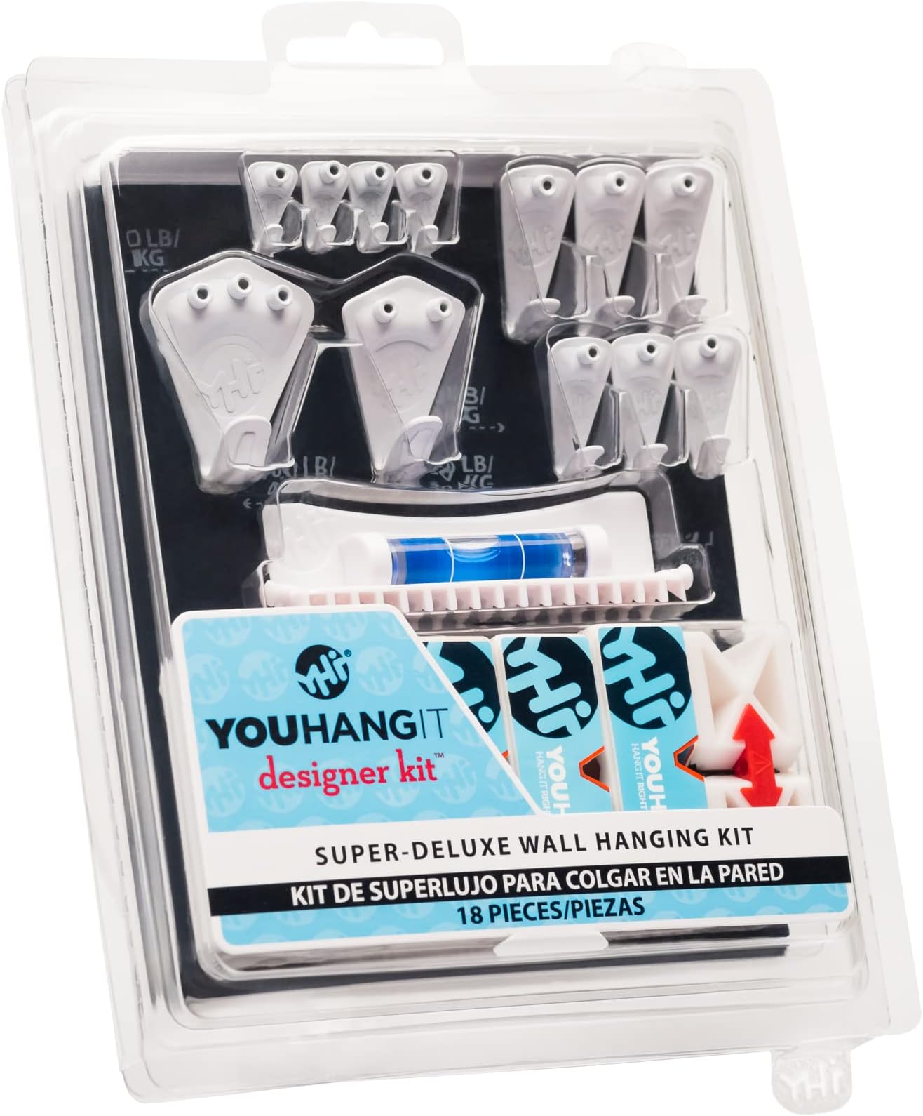Wall Hanging Designer Kit - Includes 6 Hangits, 2 Levels, 12 Hooks, and 17 Nails - All in One Hang Kit
