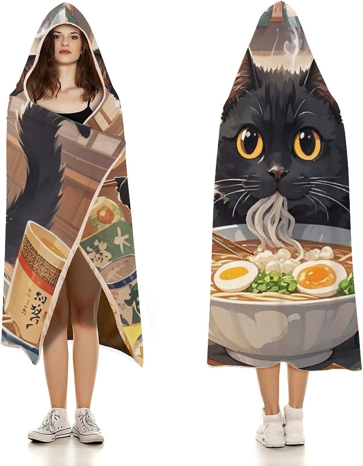 Interesting Black Cat Wearable Hooded Blanket, Ultra Soft Arctic Velvet Cape Cloak Unisex - Cozy Wearable Blanket