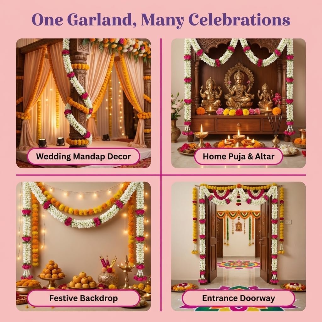 LOVENSPIRE Artificial Jasmine Buds Rose Garland for Festivals Pooja Indian Muslim Wedding Housewarming Diwali Decorations Eid Decoration Mehndi Party Day (Red Rose & White, 4Strings / 5Feet)