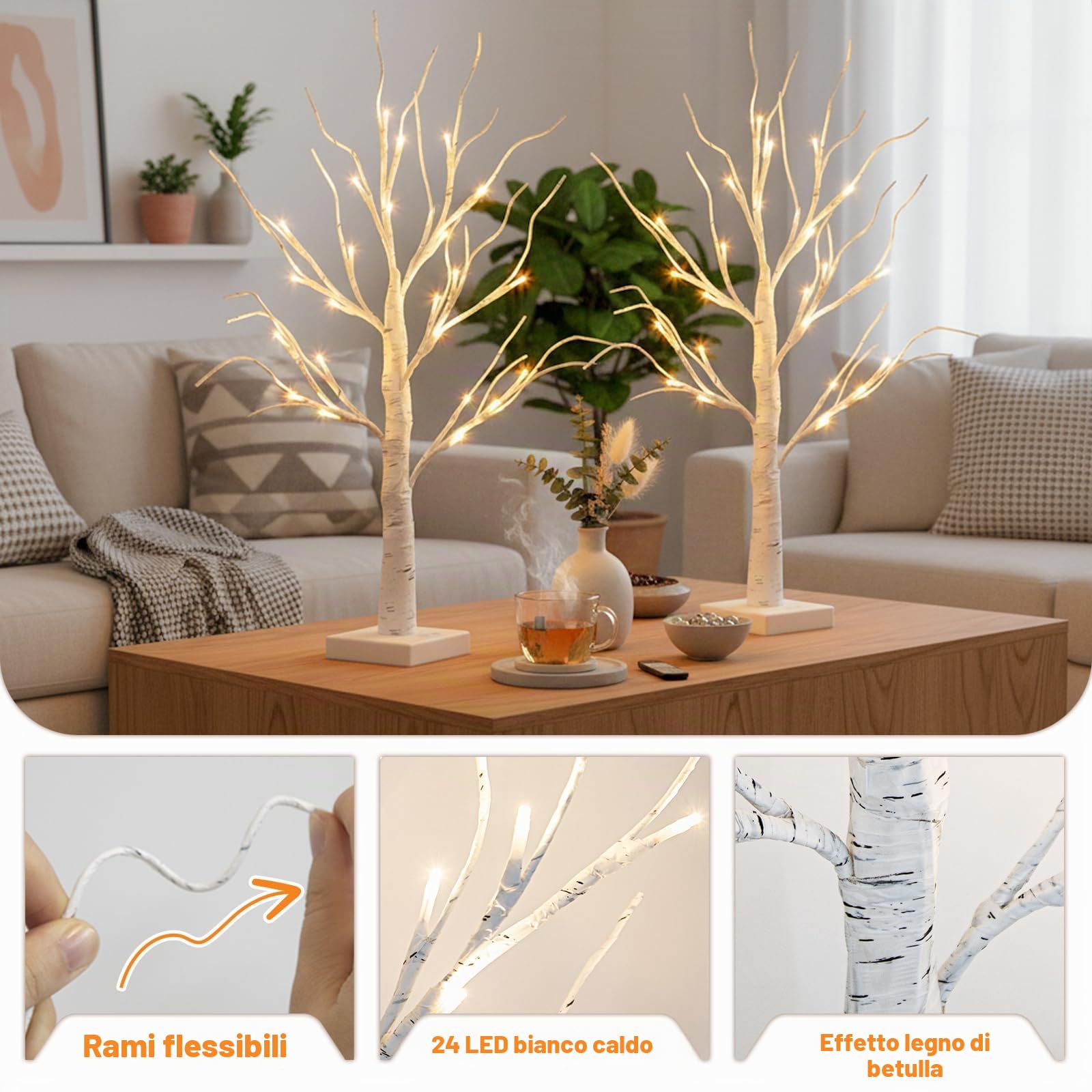 EAMBRITE Set di 2 Albero di luce 24 bianco caldo LED Albero di betulla con funzionamento a batteria, decorazione di Pasqua e Natale per la casa all'interno (60cm/2ft)