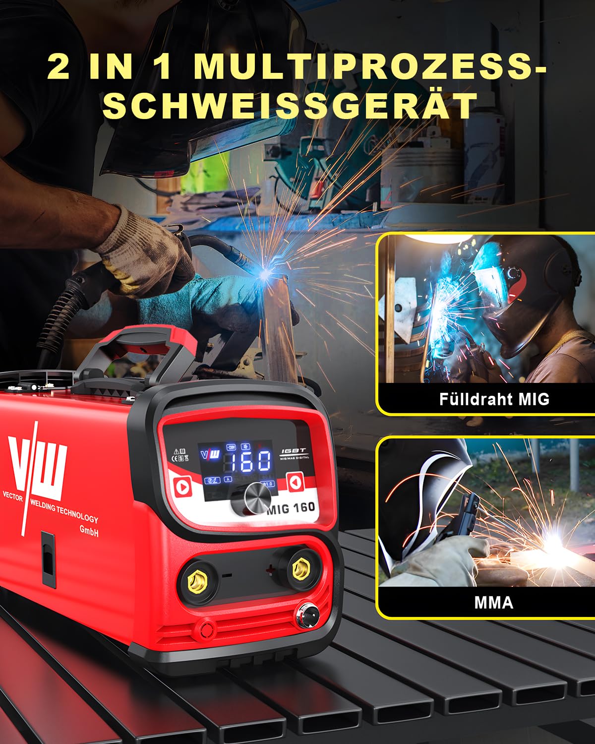 VECTOR WELDING MIG MMA Schweissgerät 160 A, Fülldraht Schweißgerät Set für Anfänger, IGBT Schutzgasschweißgerät mit Digitales Display Gasfrei-Funktion Schutz gegen Überhitzung