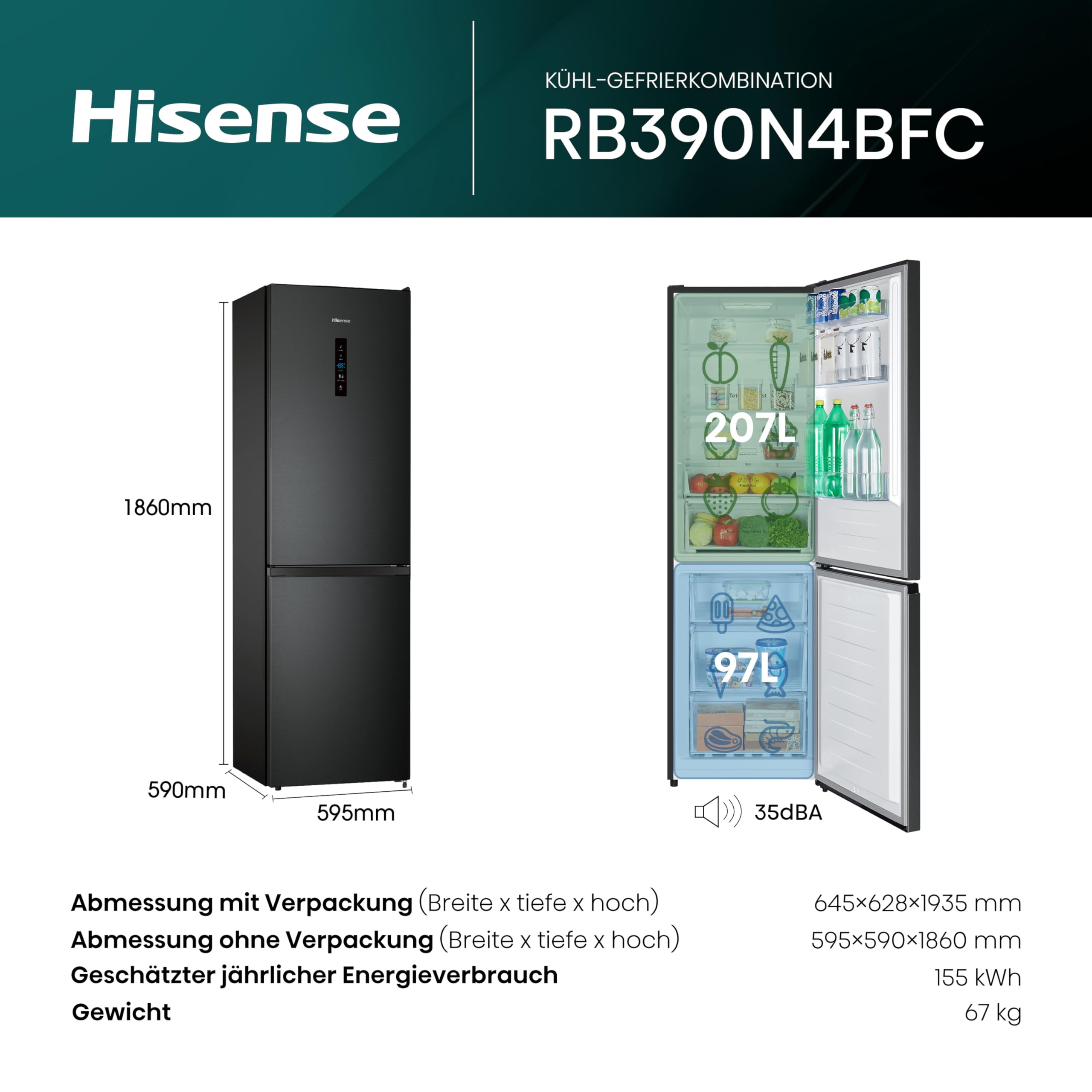 Hisense RB390N4BFC Kühl-Gefrier-Kombination Total No Frost Multi Air Flow LED Display Black Inox EEK C