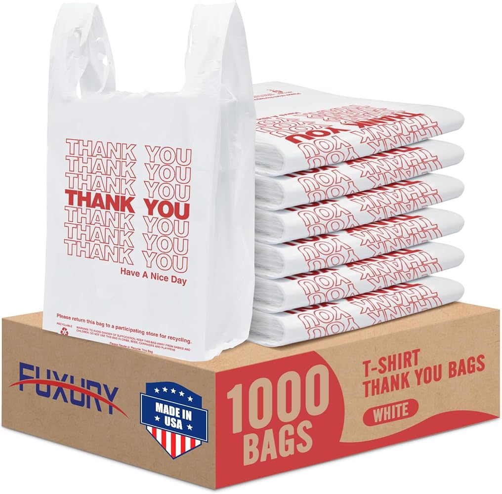 Fuxury 1000张白色塑料购物袋（适用于T恤、杂货、外卖、零售）
