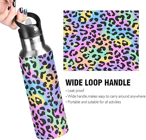 Miniatura 4 de Kcldeci Botella de agua deportiva con estampado de leopardo, 20 onzas, tapa de pajilla, a prueba de fugas, aislada al vacío, acero inoxidable,