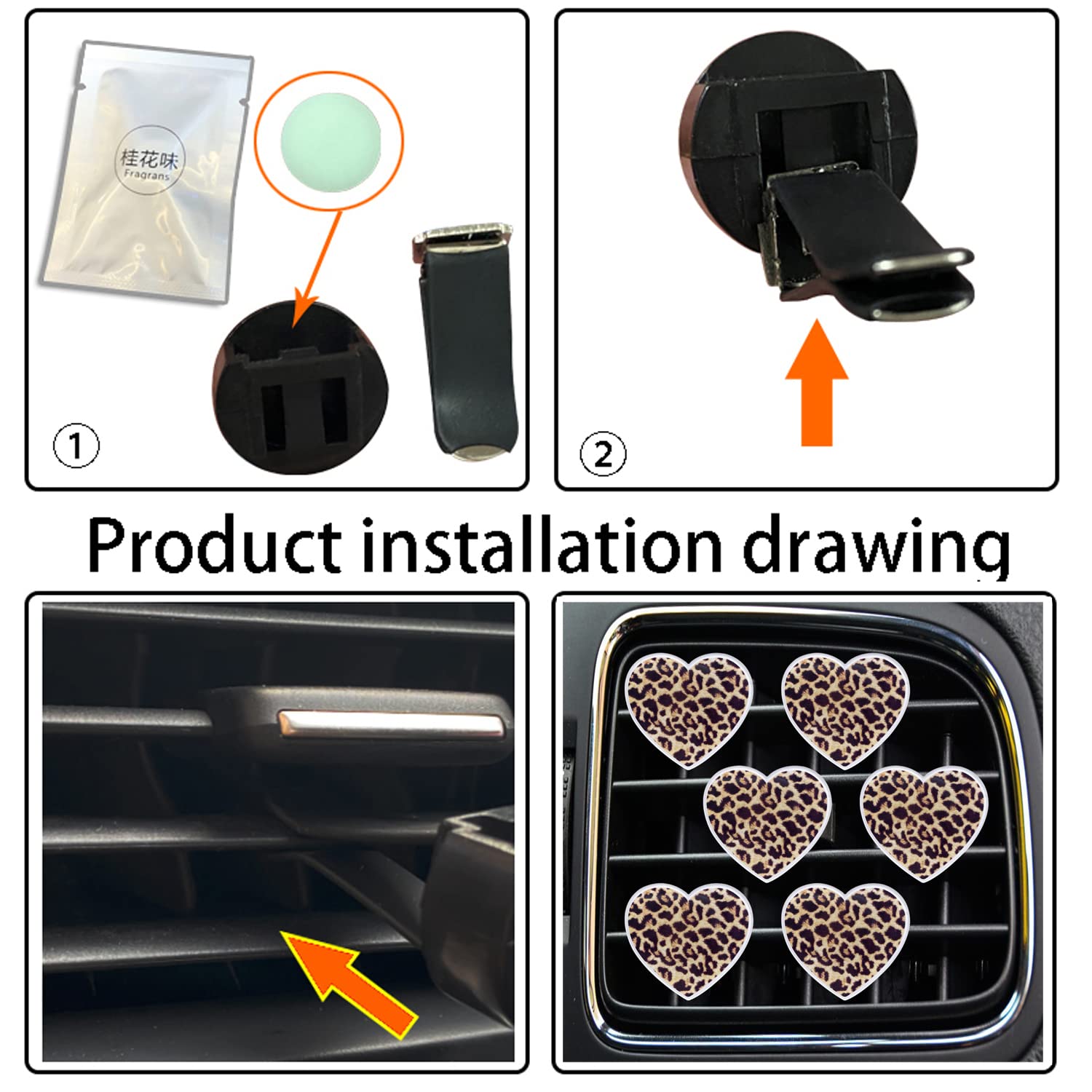 6 Stück Herz-Lüftungs-Clips, Leopardenmuster, Herz-Auto-Lufterfrischer-Clips, langlebig, Auto-Diffusor, Lüftungs-Clip, Auto-Innendekoration, Charm, Auto-Dekoration, niedliches Autozubehör für Frauen