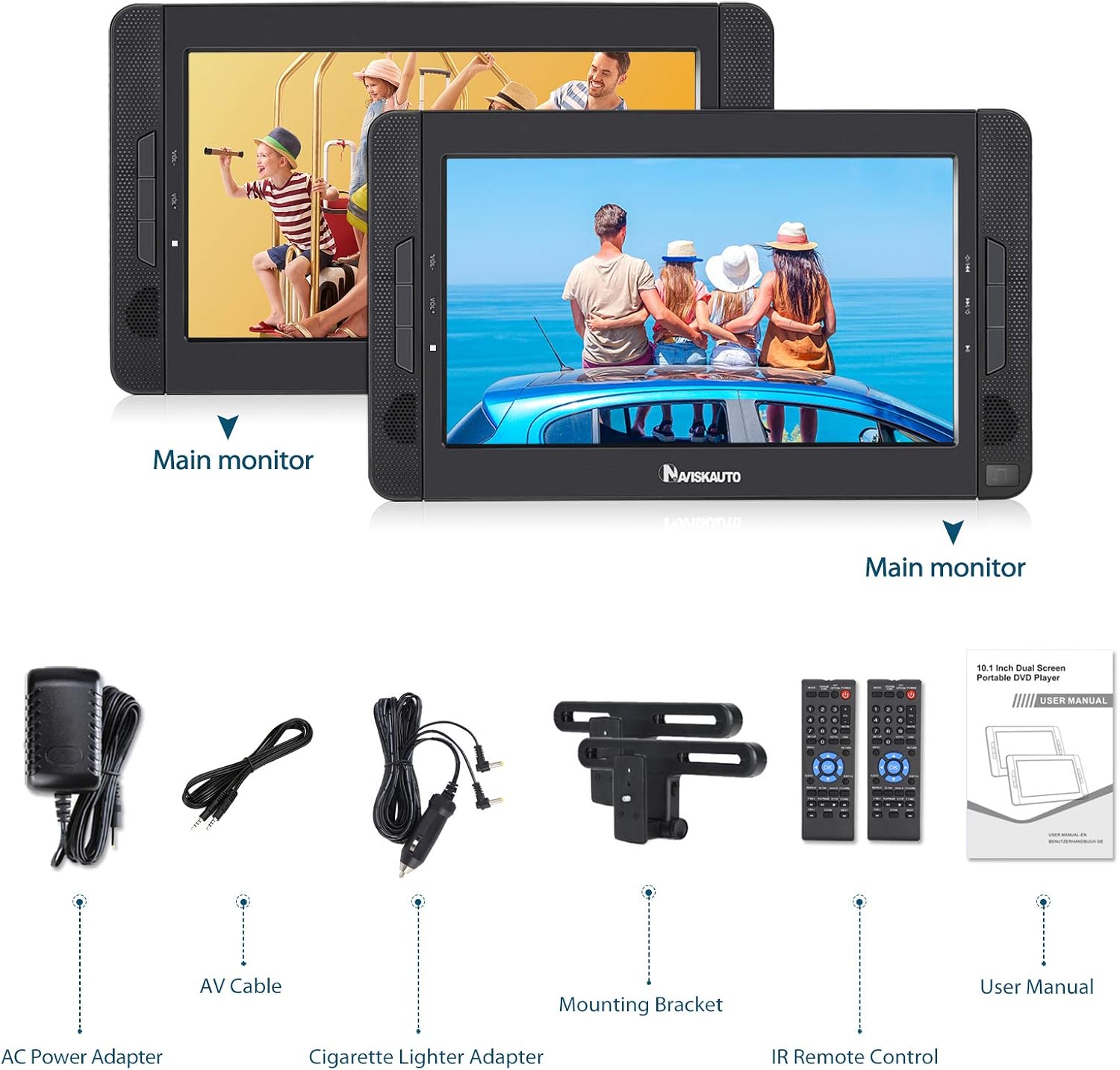 Free Shipping 🛒 NAVISKAUTO 10.5 Dual Screen Portable DVD Player for Car with HDMI Input, Two Mounting Brackets, Built-in Rechargeable Battery, Support USB Playback