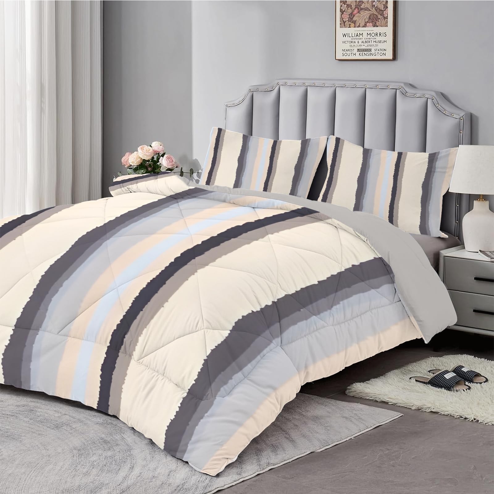Couette Dyausi Géométrique Rayures – 260x240 Cm Avec 2 Taies – Toutes Saisons – Lavable En Machine – Beige | Ensemble 3 Pièces Lit Double