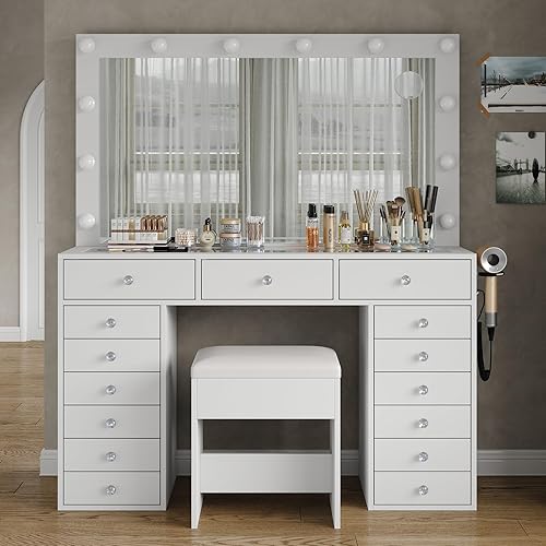 15 Drawers Vanity with Mirror and 12 LED Lights, Makeup Vanity with Charging Station, 3 Color Modes Adjustable Brightness, Glass Top Vanity Desk with Stool for Bedroom, White
