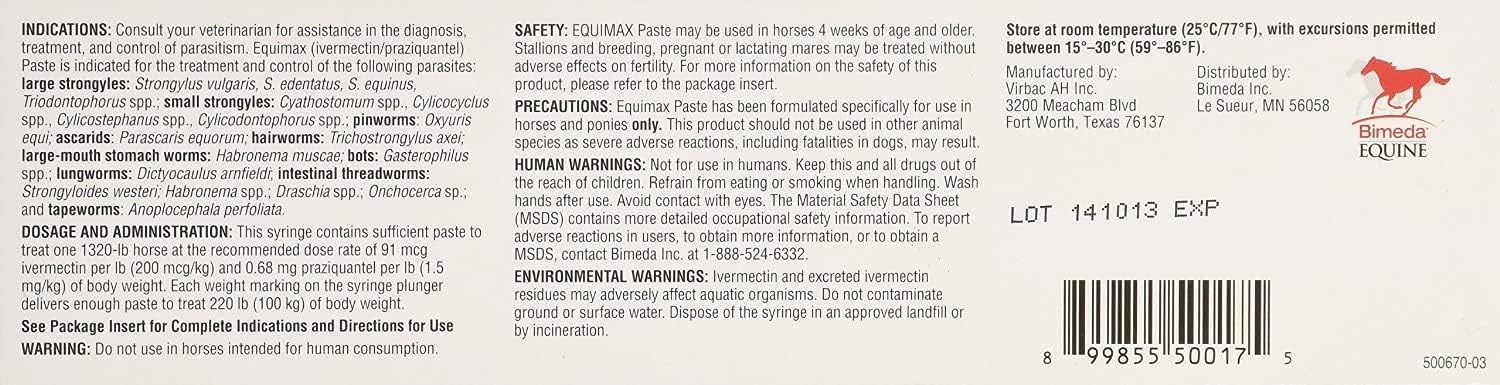 (3 Pack) Bimeda Equimax Horse Wormer Ivermectin 1.87 Percent and Praziquantel 14.03Percent Paste Tube : Sports & Outdoors