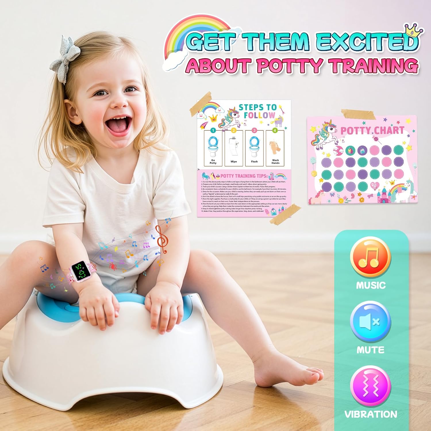 Potty Training Watch & Chart for Toddler Girls: Adjustable Volume Potty Watches for Kids Unicorn Potty Training Chart with Reward Stickers Toilet Training Tools Gifts for Girl (Pink)