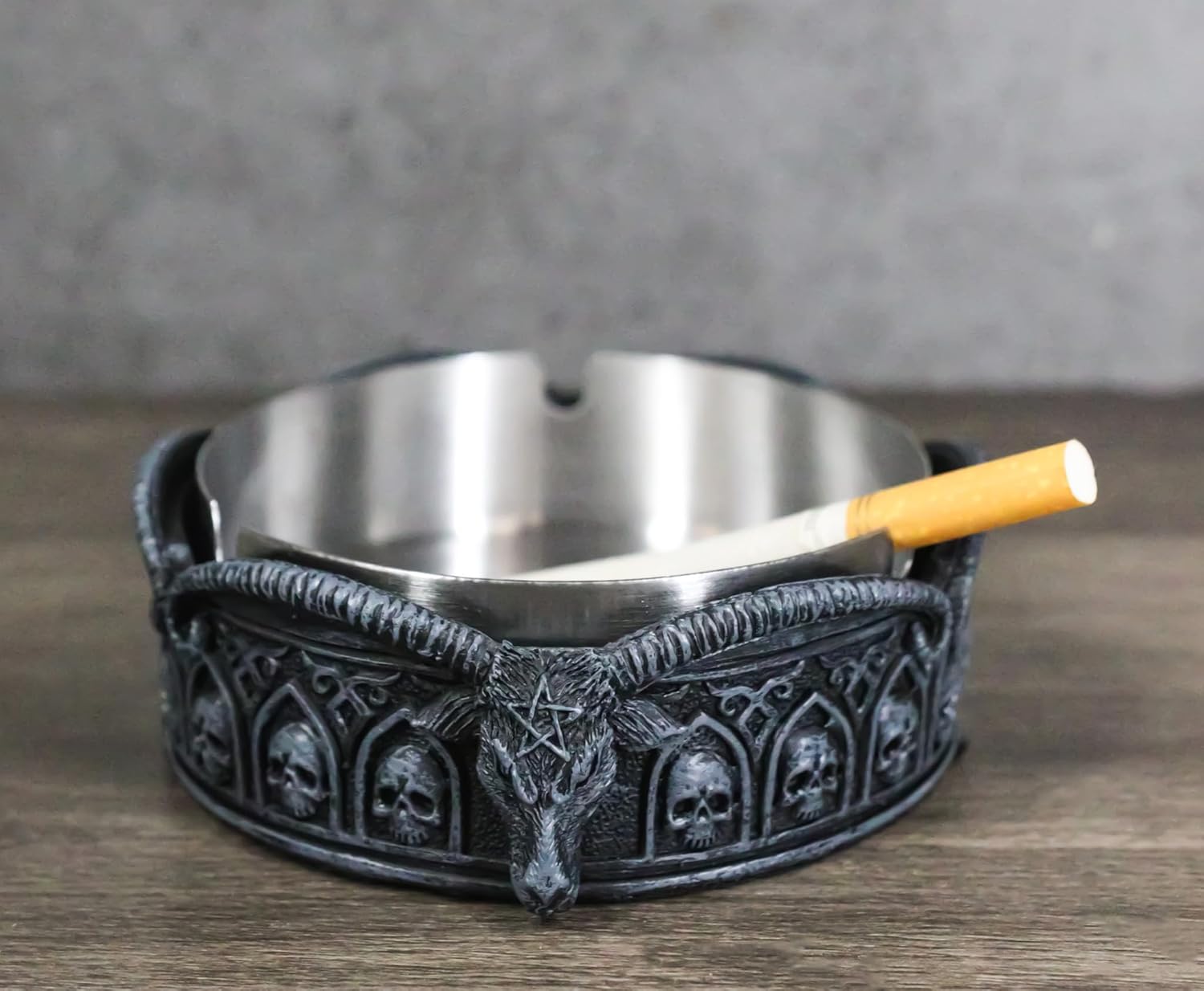 Ebros Gift Occultic Pentagram Sabbatic Goat Idol Baphomet Goat of Mendes With Ossuary Skulls Cigarette Ashtray Decorative Figurine