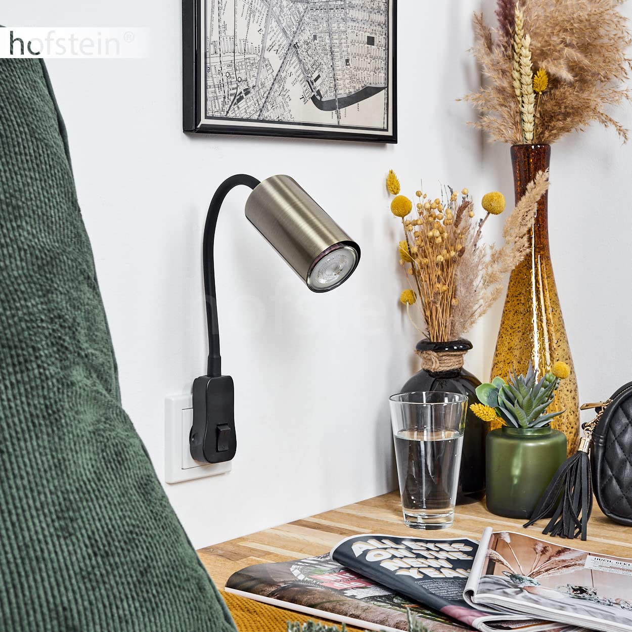 Applique Javel, lampe murale moderne en métal noir/laiton ancien, spot mural à 1 flamme au design moderne, avec bras de lecture réglable et interrupteur marche/arrêt, 1 x GU10, sans ampoules
