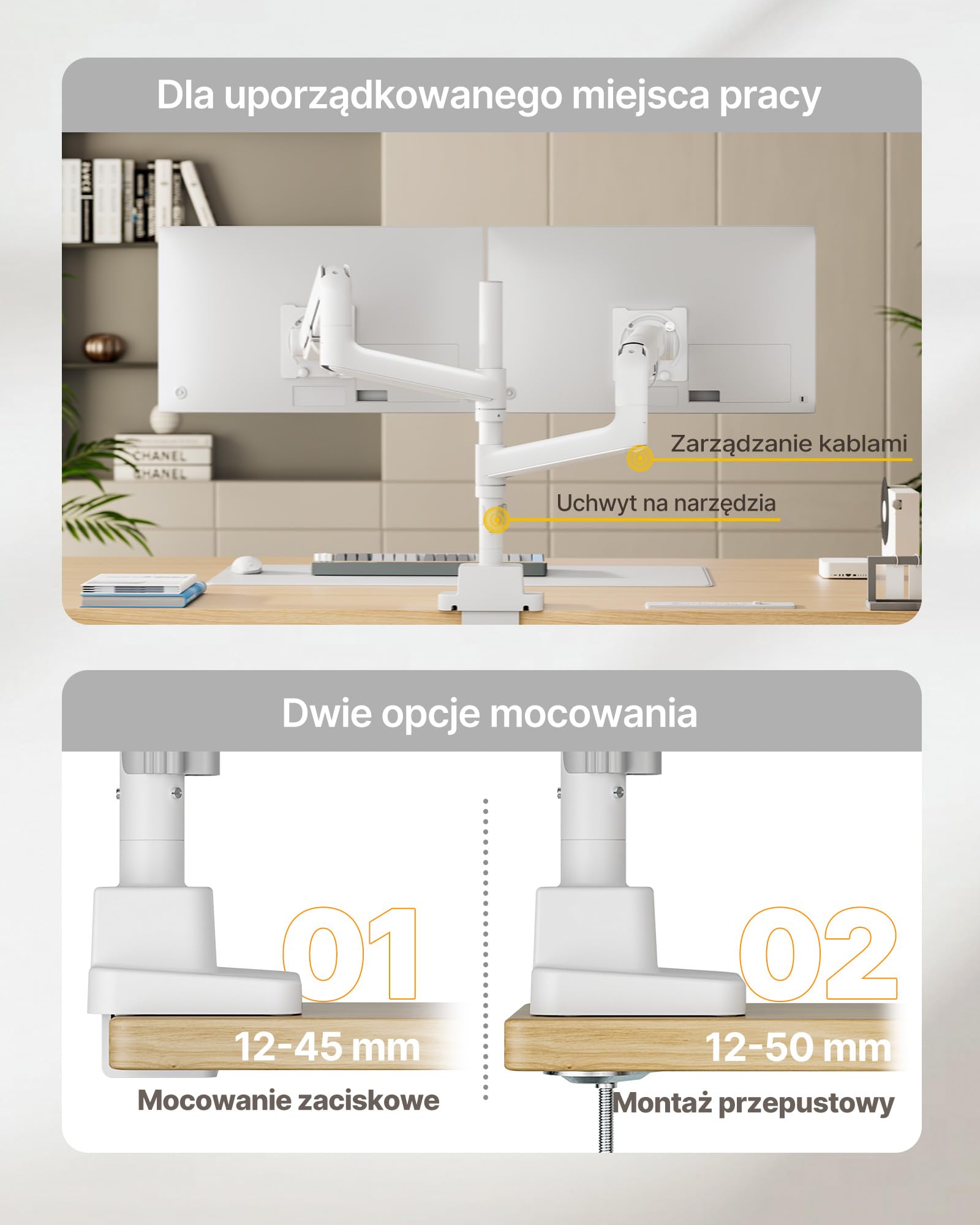 monTEK Podwójne Ramię do Monitora z USB 17-57", do 27 kg