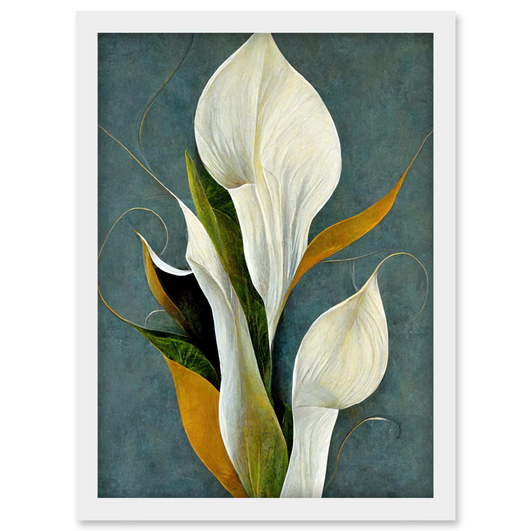 Doppelganger33 LTD White Calla Lily Bouquet Flowers In Blue Background Realism Artwork Framed Wall Art Print A4