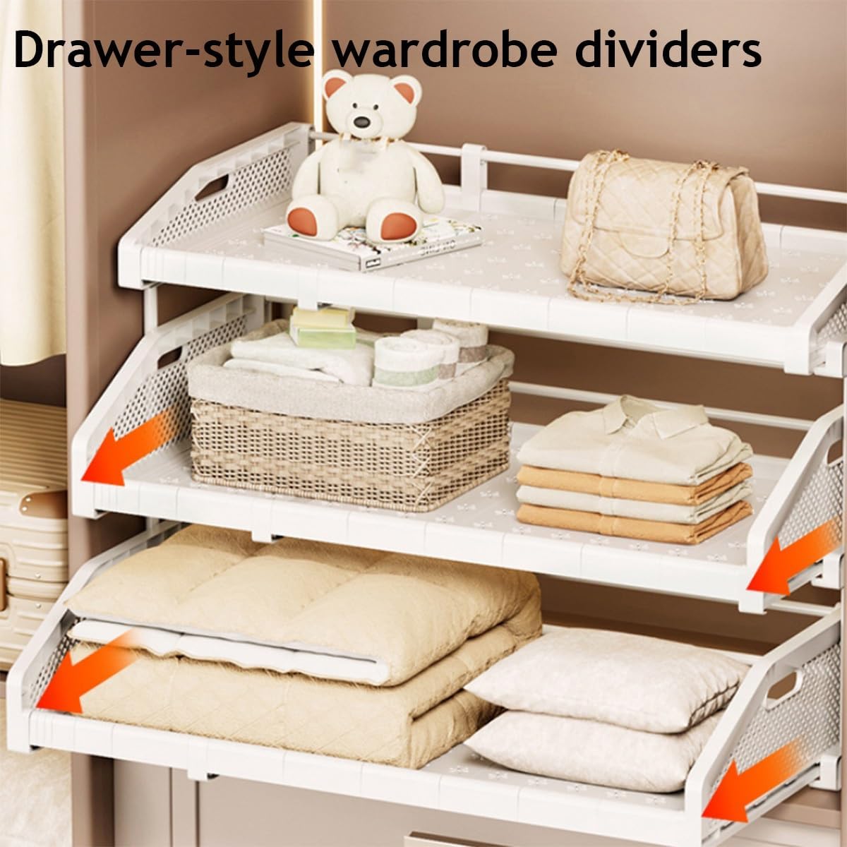1 Pack Expandable Closet Cabinet Shelf, Adjustable Wardrobe Clothes Storage Rack,Pull-Out Stackable Counter Organizer for Cabinet Wardrobe(L:53-74cm x H:43cm)