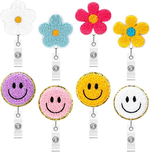 Fumete Carrete retráctil de fieltro para enfermera, 8 unidades, con diseño de flores, con clip de cocodrilo giratorio de 360 grados para enfermeras,