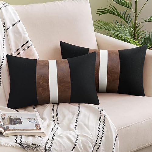 JASEN Juego de 2 fundas de almohada de piel sintĂ©tica de 12 x 20 pulgadas, fundas decorativas de color negro y blanco, fundas de cojĂn decorativas JASEN Juego de 2 fundas de almohada de piel sintĂ©tica de 12 x 20 pulgadas, fundas decorativas de color negro y blanco, fundas de cojĂn decorativas
