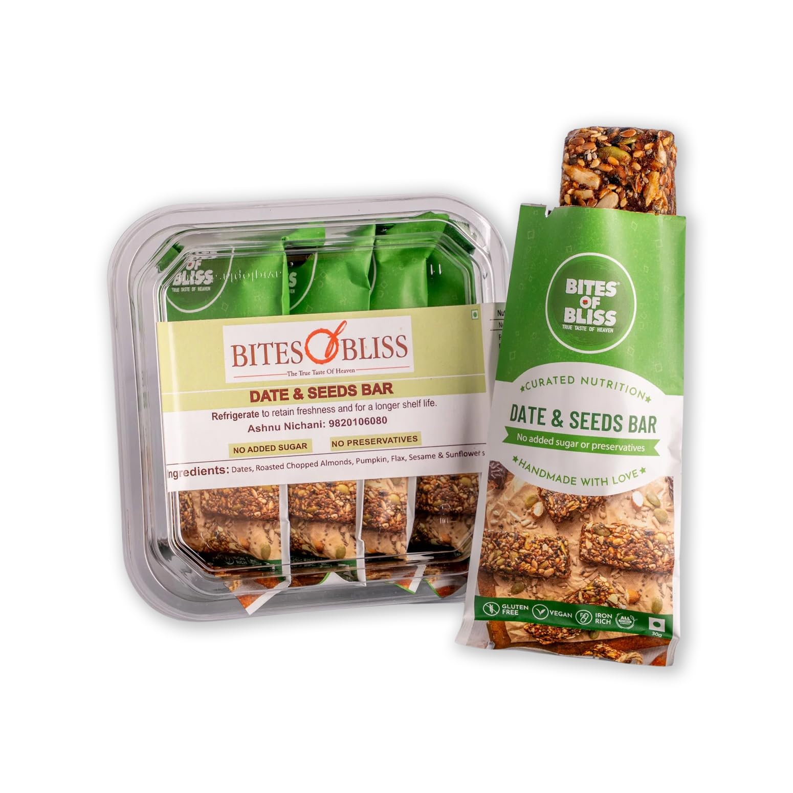 Bites of Bliss Date N Seeds Bar | Vegan Protein Bar Without Sugar | Dates, Almonds, Pumpkin, Sunflower, Flax, White & Black Sesame, Chia & Watermelon seeds | No Added Preservatives | Healthy Energy Bars | Double Pack — Amazon image 5