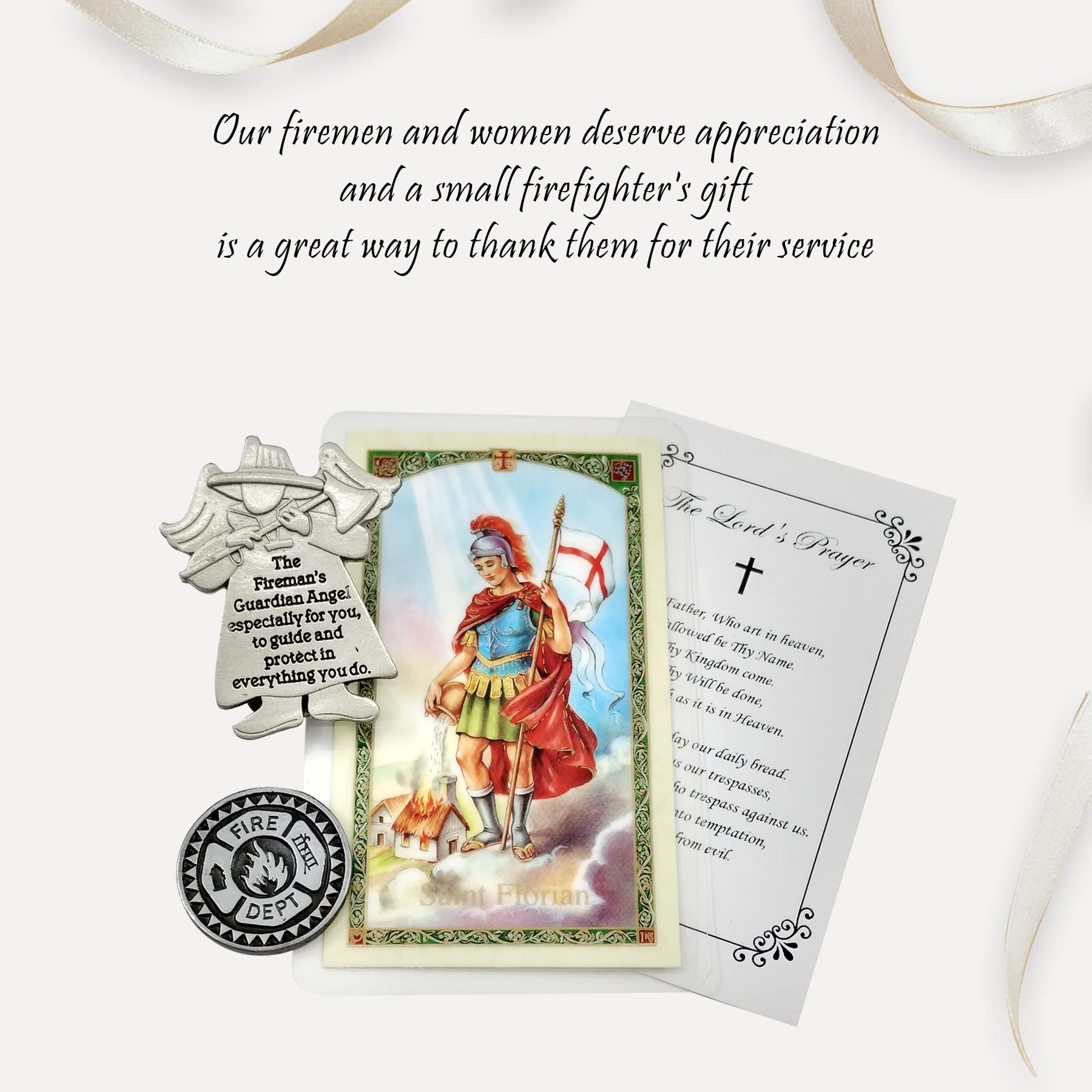 Laminated St Florian Prayer Card - with Guardian Angel Firefighter Visor Clip, Coin Token, The Lord's Prayer | Catholic Patron Saint of Firefighters Themed Set of Fireman Prayer Card and Visor Clip