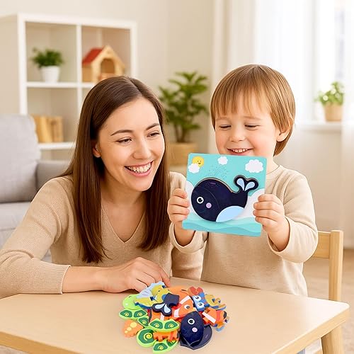 Miniatura 4 de LovesTown Rompecabezas de madera para niños pequeños, rompecabezas Montessori de animales marinos, juguetes educativos de aprendizaje preescolar