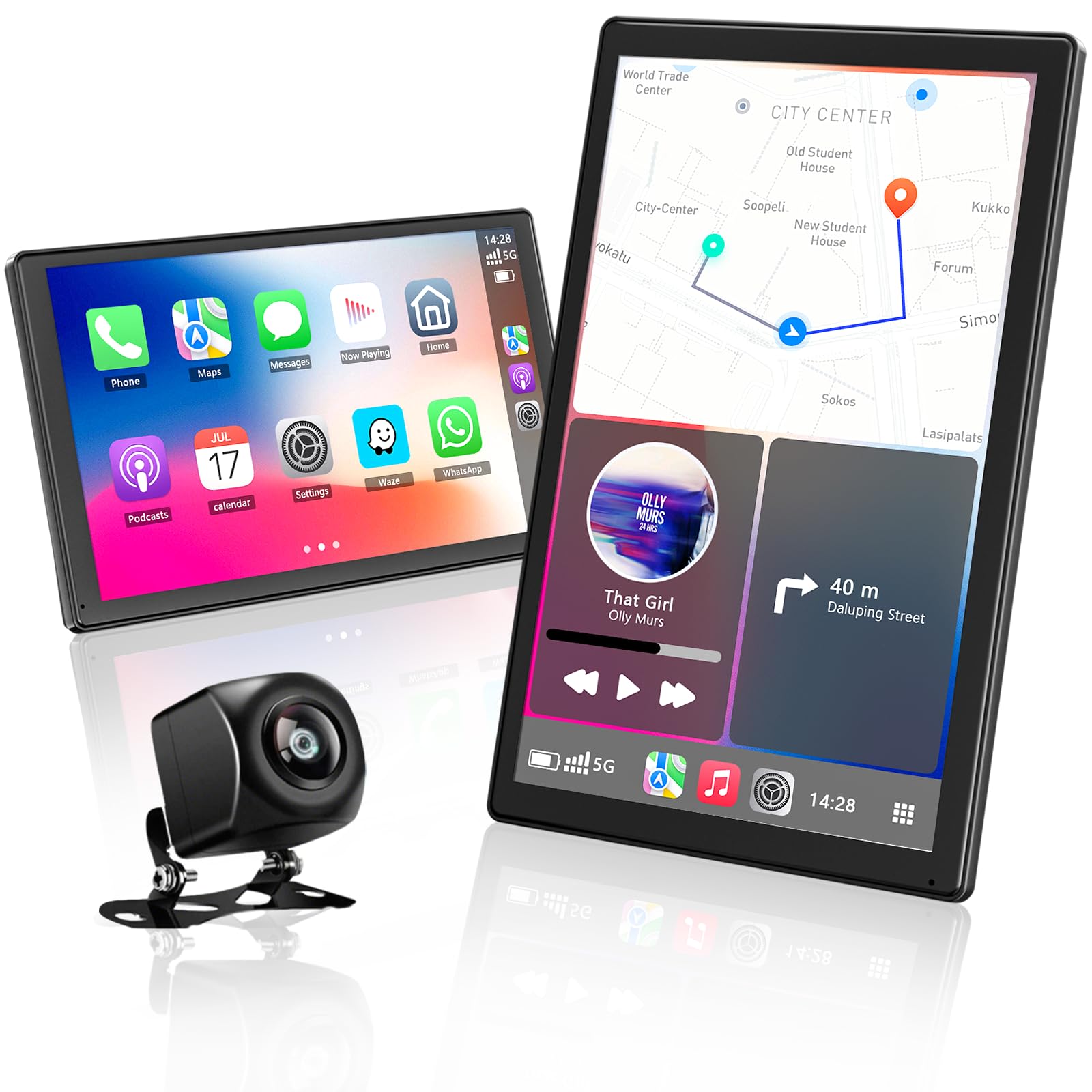 Pantalla Coche, 9" Pantalla Carplay Coche con Carplay y Android Auto Inalámbrica, Pantalla Giratoria con cámara de Respaldo 1080P, Navegación GPS, Bluetooth, Siri/G00gle Asistente de Voz, FM, AUX