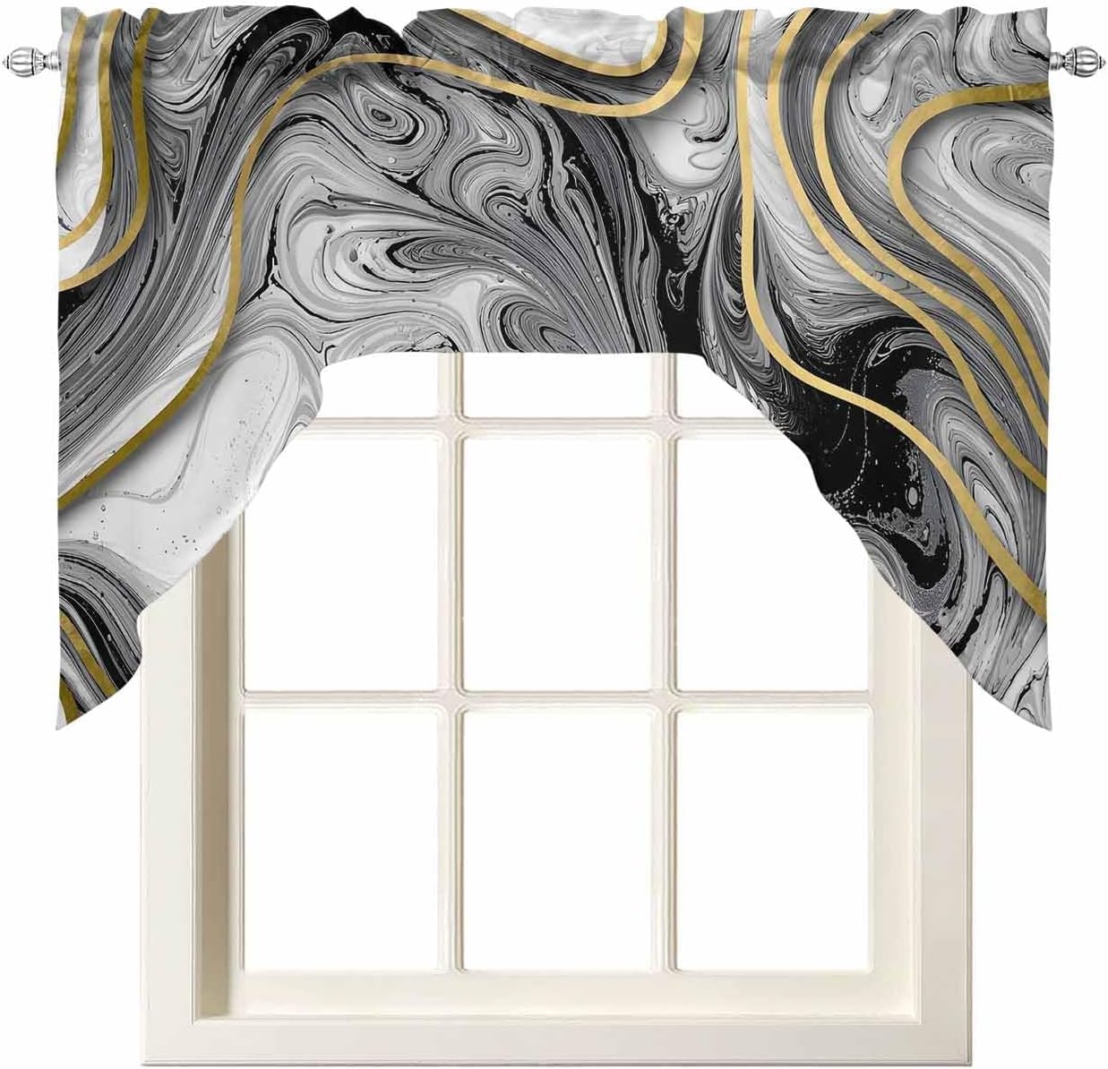 Savannan Kitchen Curtains Tiers and Swag Valance Set, Spring Sage Green Cubes Geometric Abstract Black Gold Rod Pocket Short Window Curtain for Bathroom Bedroom Cafe, 3 Pieces 36 Inch Long