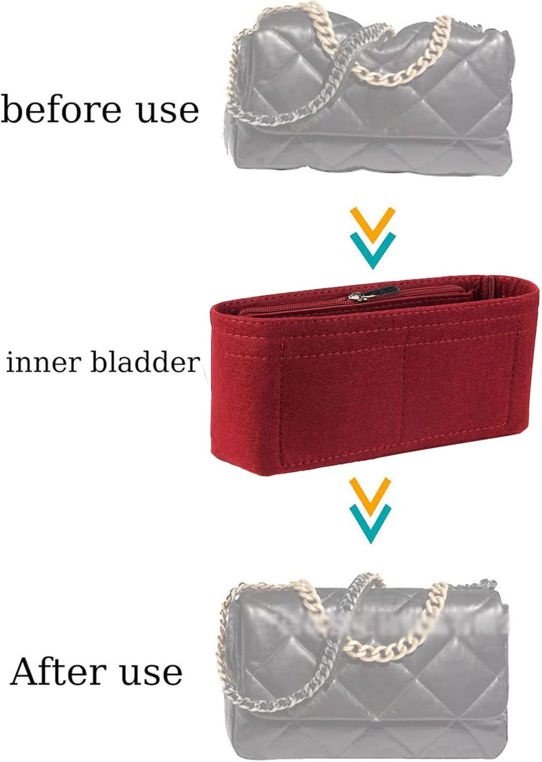Lckaey 19 Flap Small Bag felt Organizer storage cosmetic bag chain black gold inner Bag Insert 1016red-L image 2