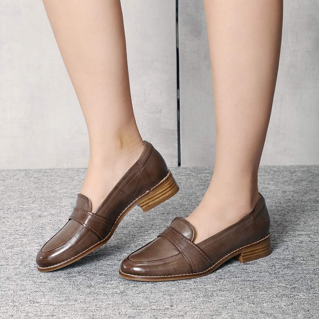 Mona flying Women's Leather Dress Penny Loafers Slip On Flats Office Ladies Casual Shoes - Image 5