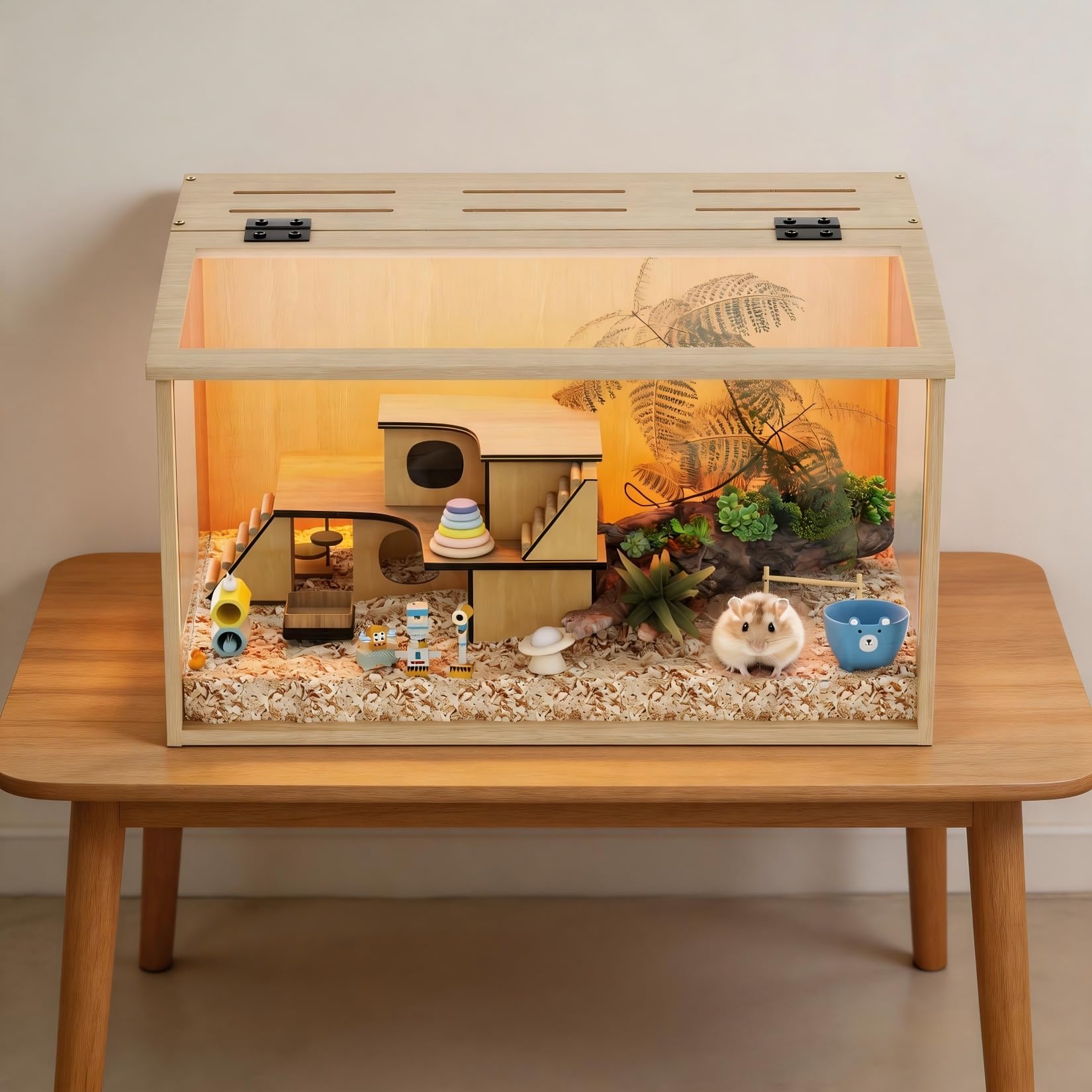BingoPaw Wooden Hamster Cage Chewproof: Wood Hamster Cages Habitats Openable Top with Tempered Glass, Built-in LED Light for for Dwarf Syrian Hamster, Gerbil, Rats M(60 * 40 * 40cm)