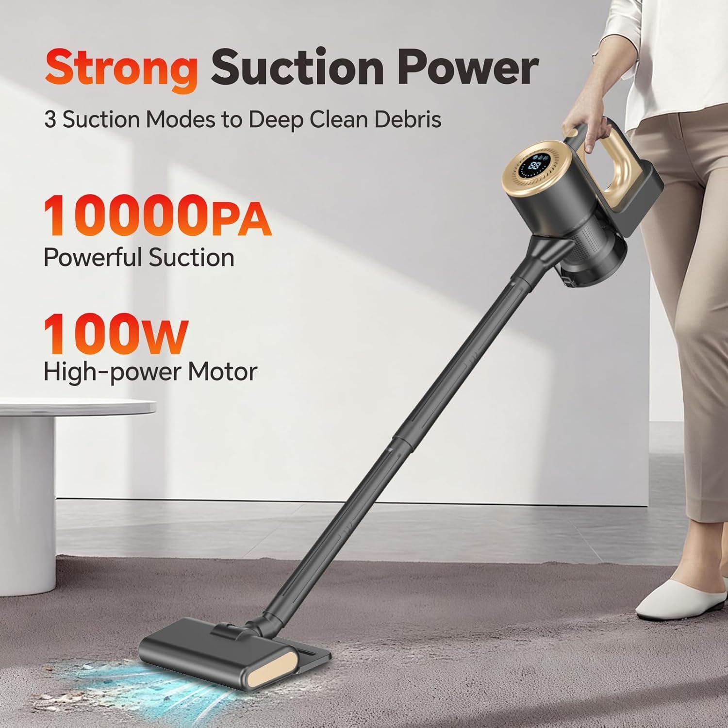 cordless vacuum cleaner, powerful suction vacuum cleaners for home, stick vacuum cordless rechargeable with led screen and 3-speed suction, lightweight vacuum for hard floors carpets pet hair, gold
