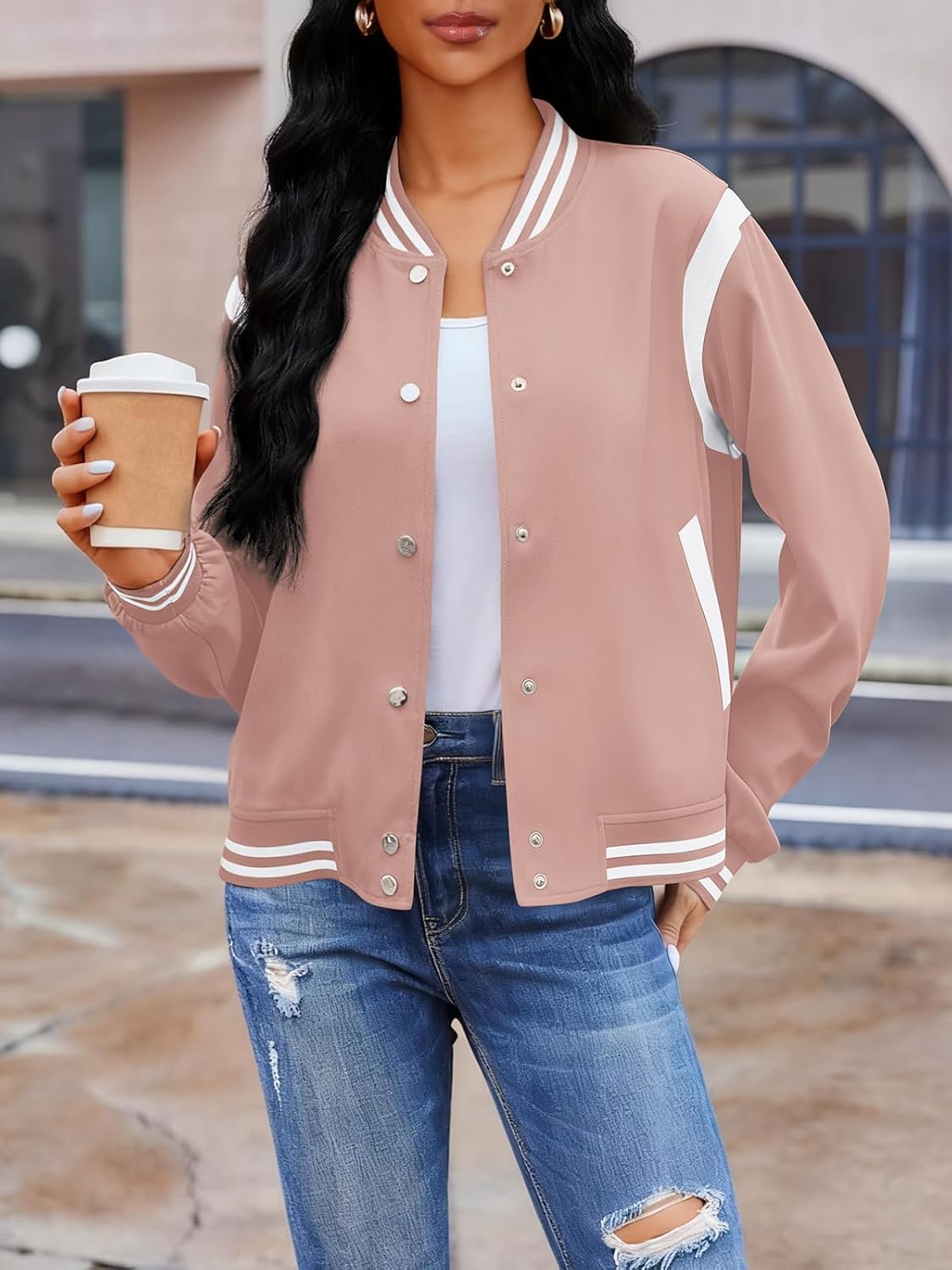 Bomber Jacket Women Varsity Casual Button Down Lightweight Fall Winter Short Outwear with Pockets - Image 2