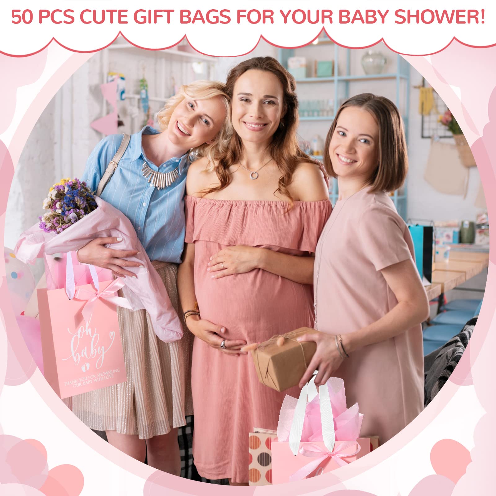 PerKoop 50 sztuk torebek na prezenty na baby shower, z bibułką, torba na baby shower, z uchwytem, papierowa torba na prezent i 50 arkuszy, dekoracyjna bibuła dla gości, prezenty ujawniające płeć,
