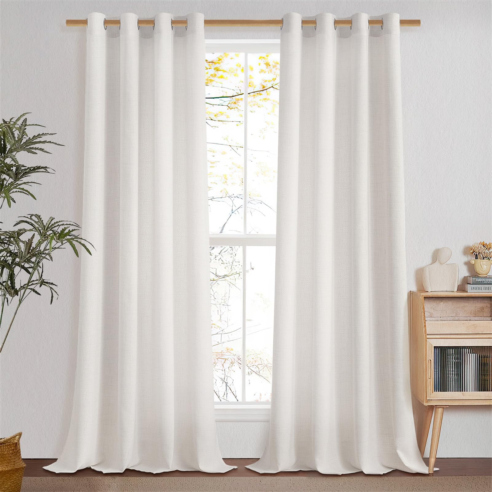 MRTREES Cortinas Largas para Ventanas Cocina Salon 2 Piezas, 140x260 CM, Cortinas y Visillos de Lino Translucida Cortina de Casa con Ojales Decoración de Dormitorios Habitaciones, Blanco Marfil