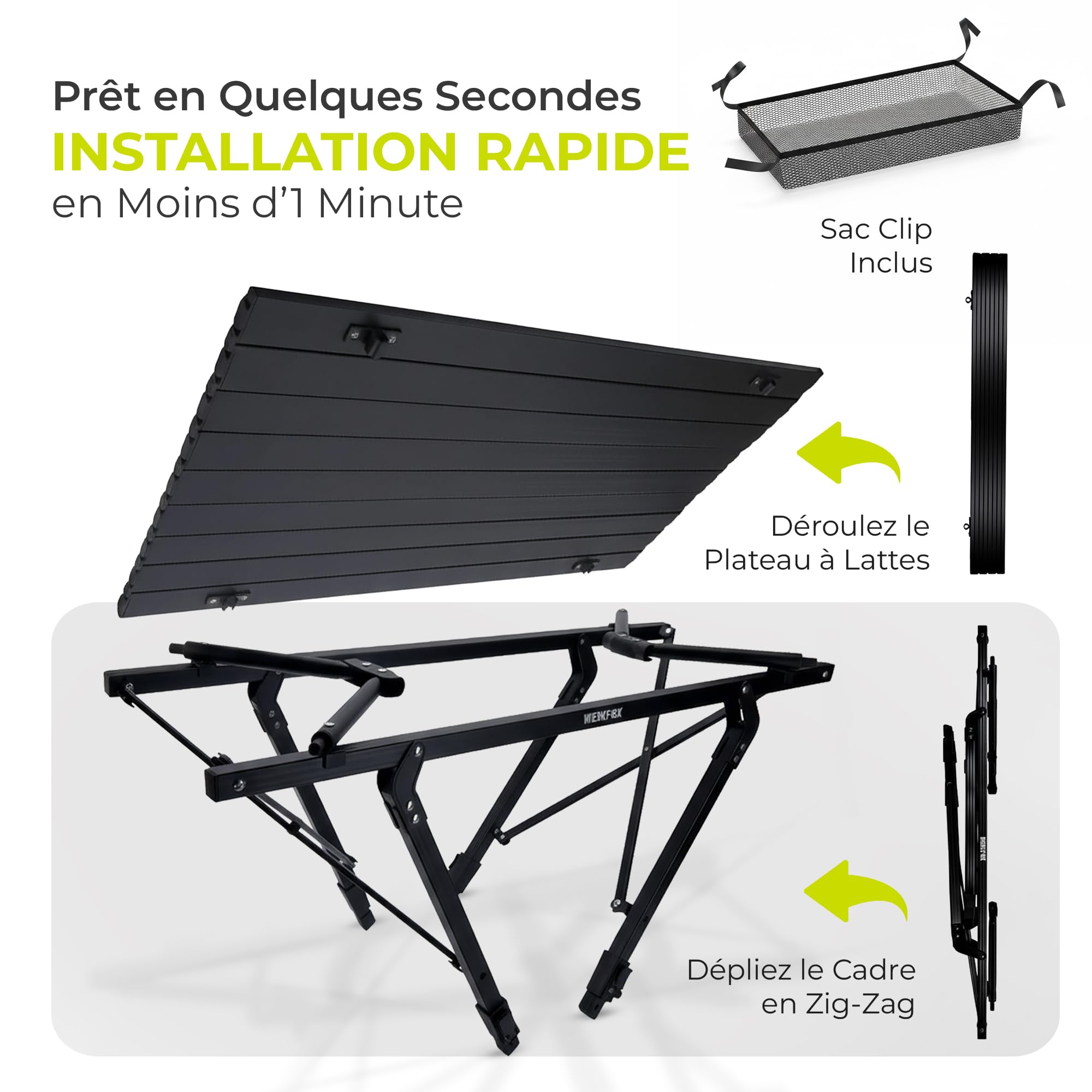 Table de Camping Table Multifonctions Pliante Table Polyvalente ; Table Pliante réglable en Hauteur avec Plateau de Table Enroulable (90x51cm) & Sac de Transport ; supporte jusqu'à 30kg