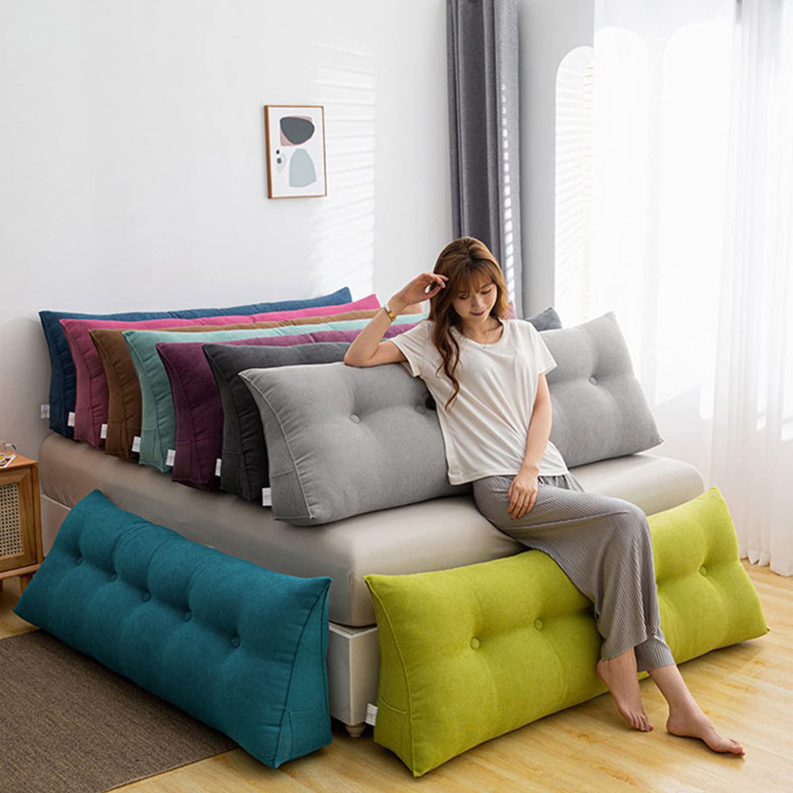BAGASI Driehoekig hoofdeinde kussen leeskussen, driehoek bedkussen, hoofdeinde steun kussen voor slaapkamer bank tatami, afneembaar wasbaar kussen, donkergrijs, 150 x 60 x 20 cm