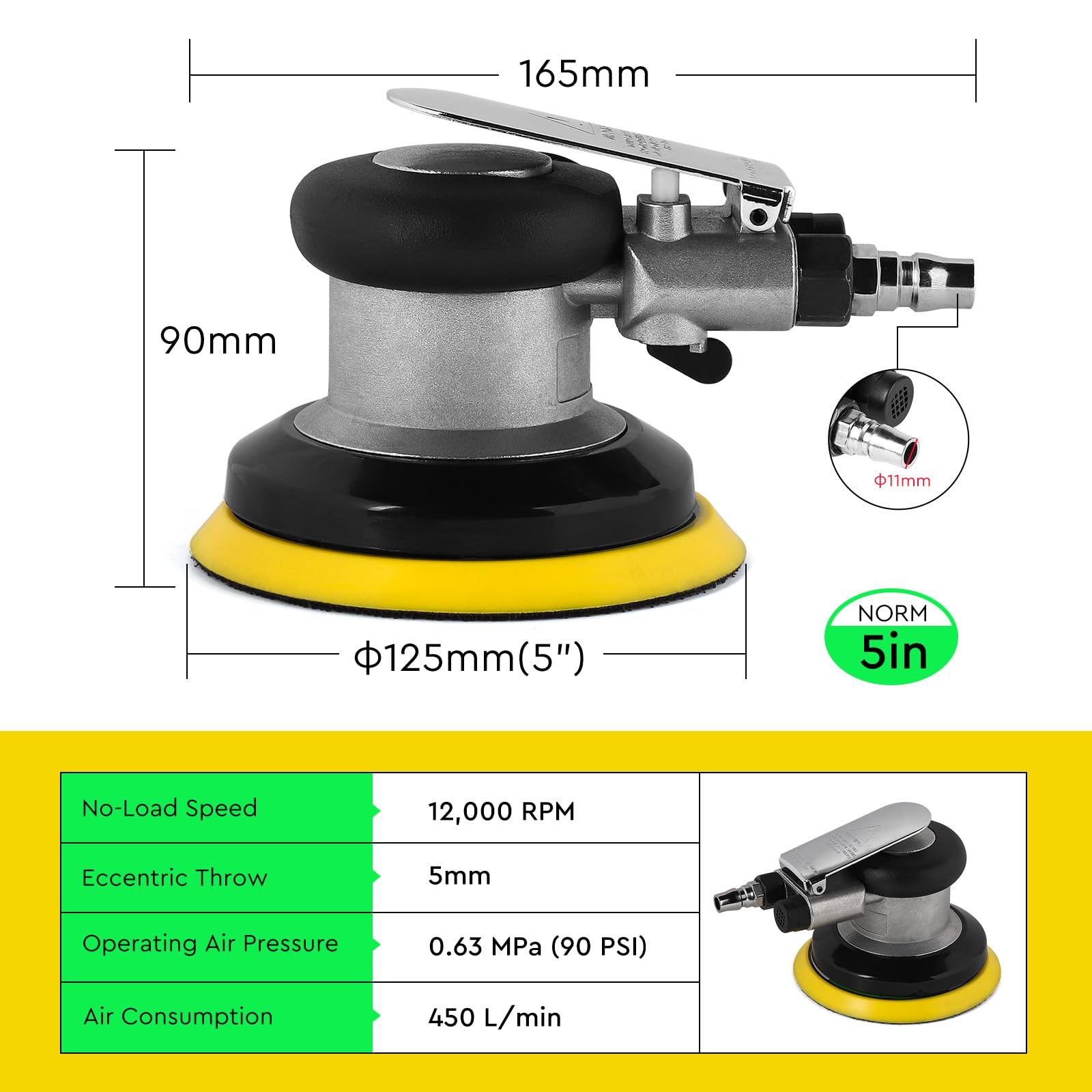 SWAWIS 125mm Lijadora Orbital Neumática, 12000RPM, Excentricidad 5 mm, Accesorios Completos, Lijadora Excéntrica de Aire Comprimido para Lijar y Pulir Superficies de Automóviles Madera y Metal