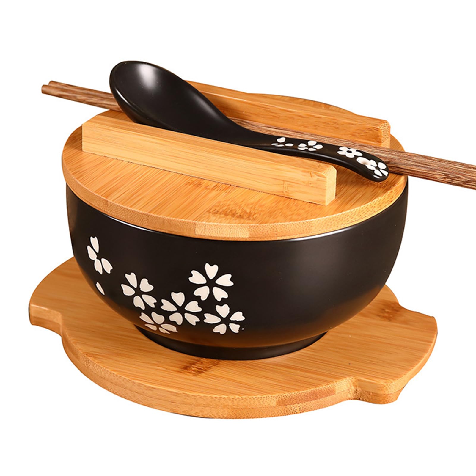 Japanese Black Ceramic Ramen Bowl with Lid and Spoon 6.3 Inch 1000ml Traditional Style Noodle Bowl Set with Chopsticks Bamboo Tray Ideal for Soup Cereal Parties Home Dining Restaurant Use