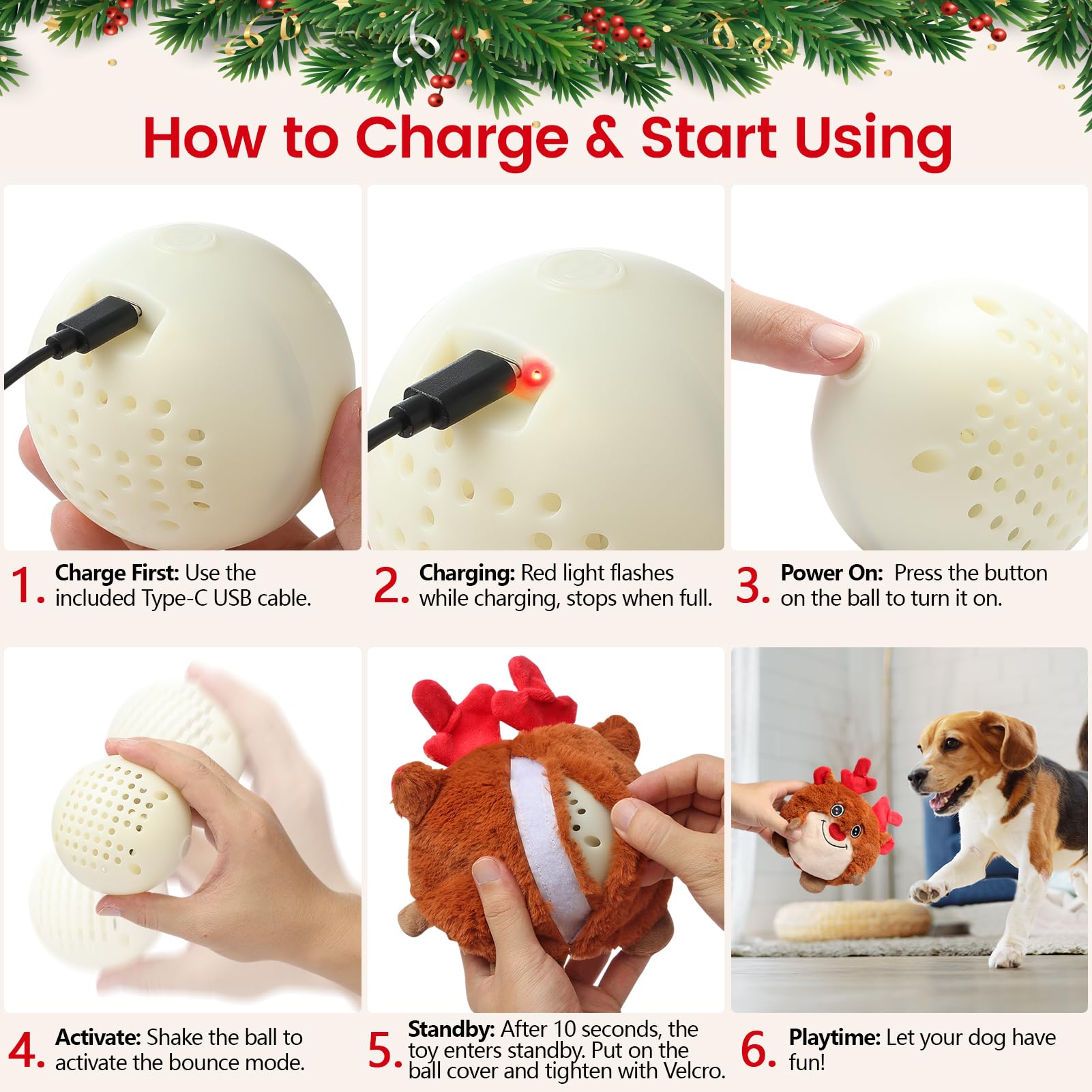 Senneny Jouets de Noël pour chien, jouets interactifs pour chien, renne, chemin aléatoire, jouet électrique à mouvement automatique et roulant, balle pour chien activée par le mouvement, avec housse