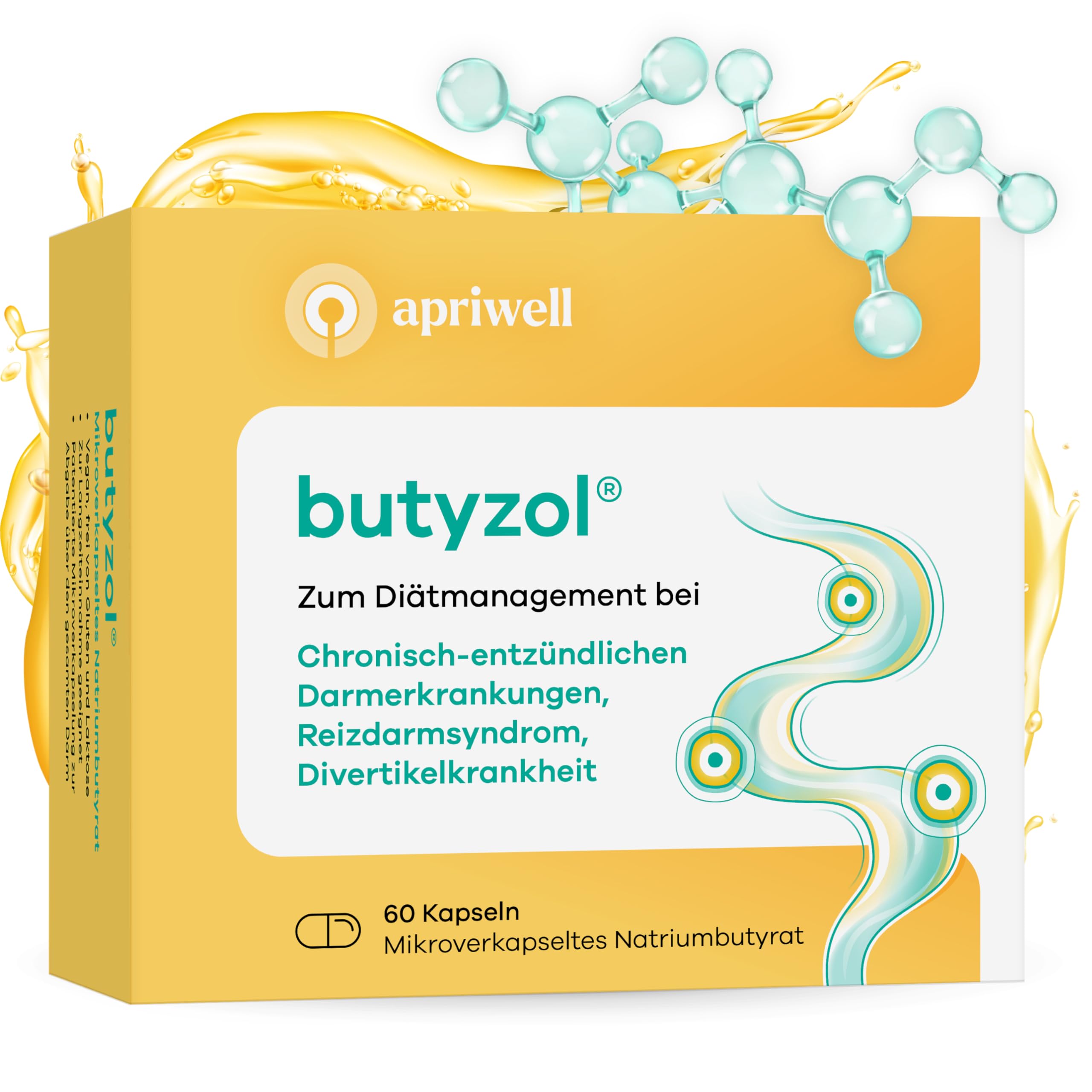 Butyzol Mikroverkapseltes Natriumbutyrat 60 Kapseln – Bei Reizdarmsyndrom, Divertikelkrankheit, Morbus Crohn, Colitis ulcerosa – Patentiert & Wirksamkeit durch Studien belegt